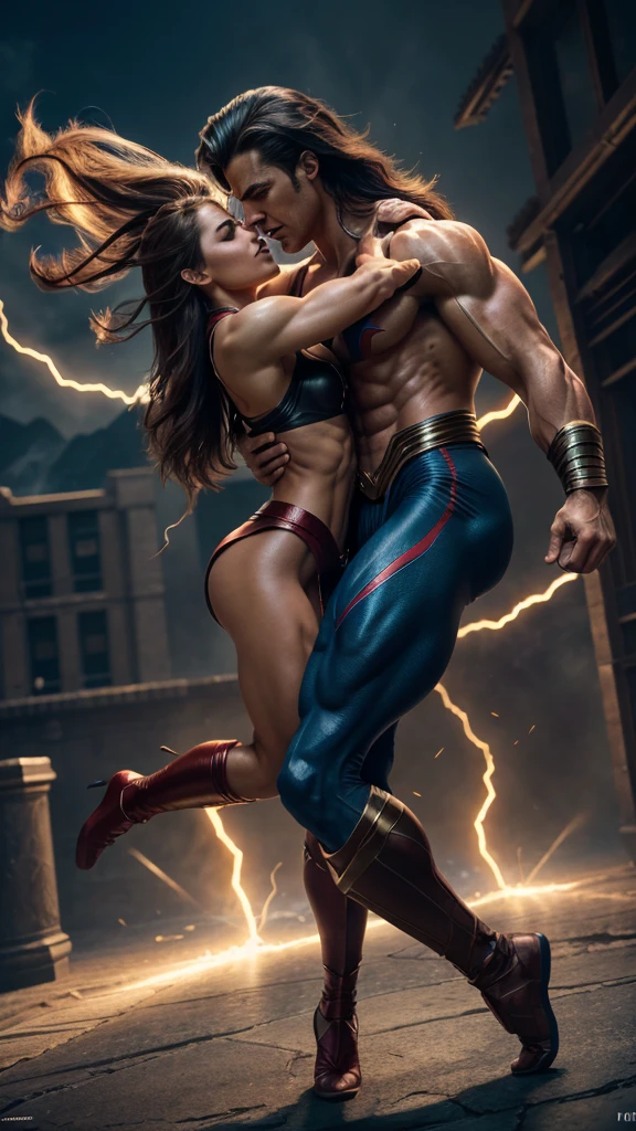cinematic lighting, epic dramatic poses, amazing superhero action, muscular male figure with chiseled features, gorgeous female figure with flowing hair, intense passionate embrace, high energy dynamic movement, dramatic shadows and highlights, vibrant vivid colors, highly detailed realistic rendering, masterpiece, (best quality, 8k, photorealistic, hyper detailed, cinematic composition, dramatic lighting, intense emotion)