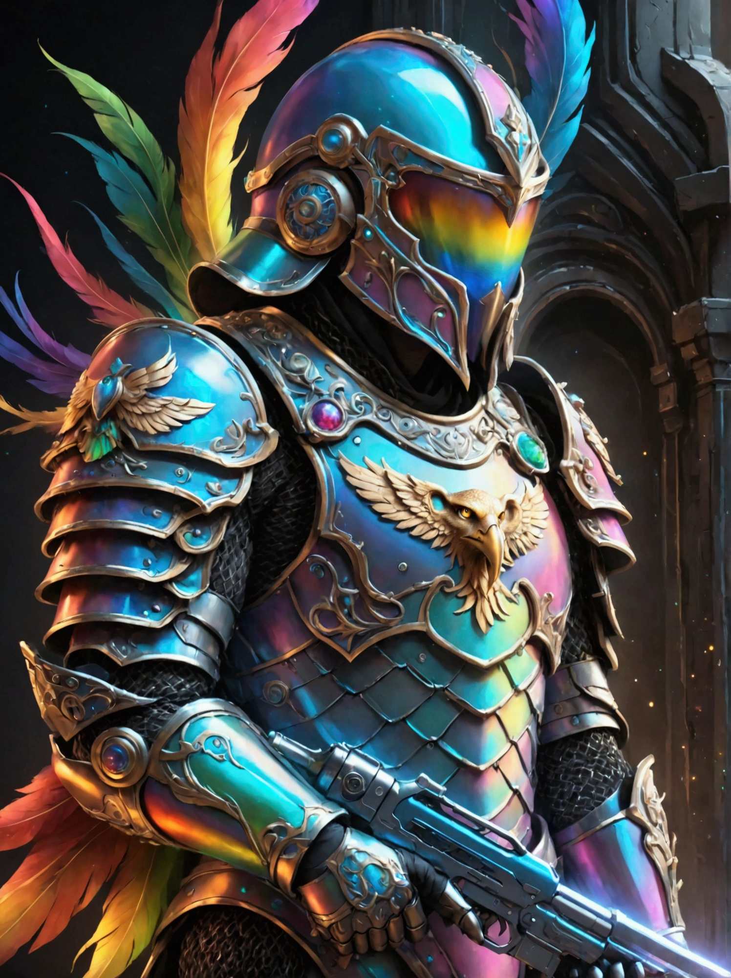 Imagine a futuristic warrior from a highly advanced pseudo-medieval universe. The warrior is armored in a power suit with features of Roman Centurions. The suit has a predominantly white color but is adorned with hues of vibrant rainbow colors, symbolizing inclusivity. Details include a helmet with a plume, a chainmail skirt, pauldrons with imperial eagles, and a power backpack shaped like an upside-down 'T'. The warrior is holding a futuristic version of a bolter gun in one hand and a power sword in the other hand, both decorated in the same vibrant colors