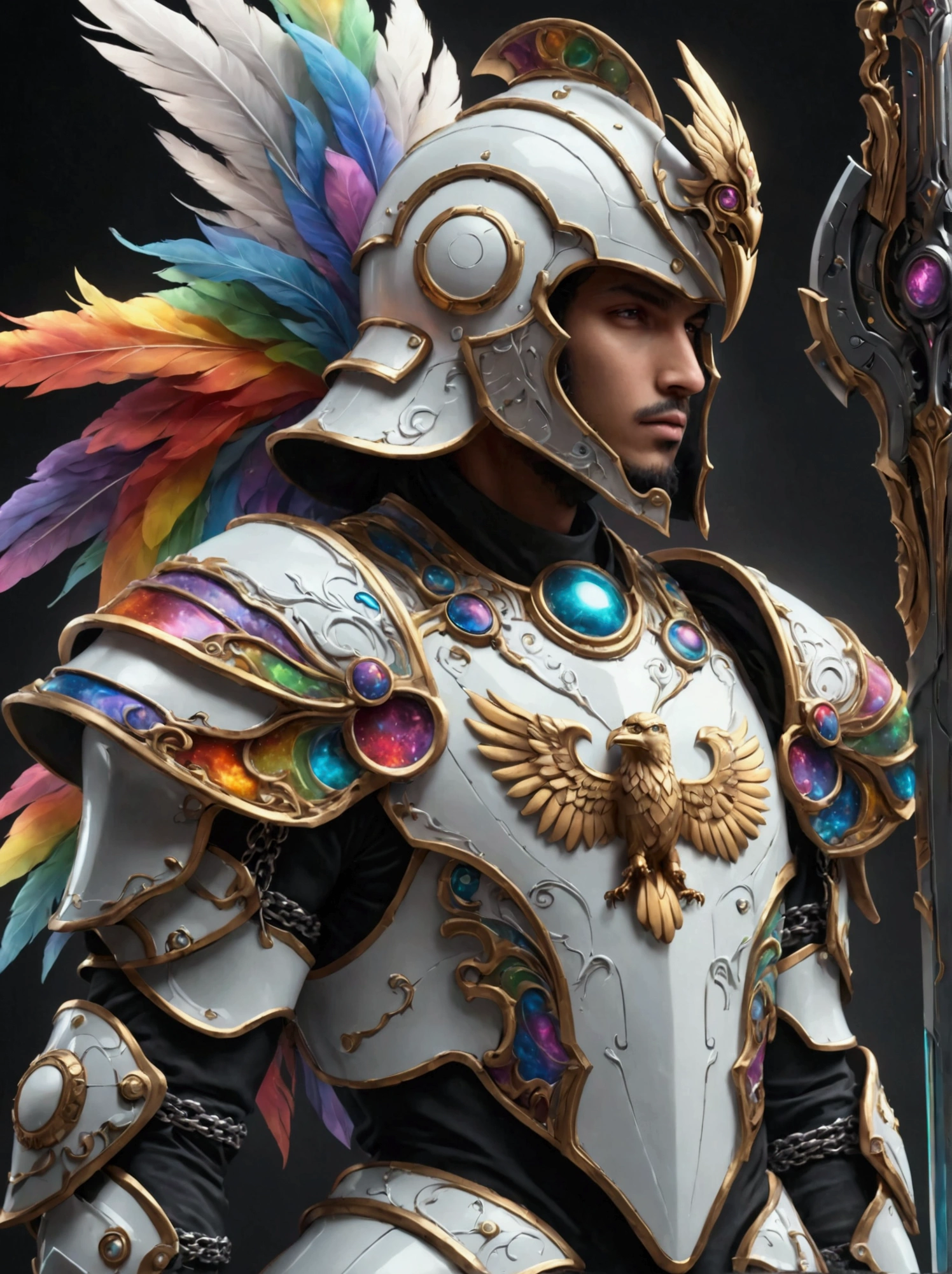 Imagine a futuristic warrior from a highly advanced pseudo-medieval universe. The warrior is armored in a power suit with features of Roman Centurions. The suit has a predominantly white color but is adorned with hues of vibrant rainbow colors, symbolizing inclusivity. Details include a helmet with a plume, a chainmail skirt, pauldrons with imperial eagles, and a power backpack shaped like an upside-down 'T'. The warrior is holding a futuristic version of a bolter gun in one hand and a power sword in the other hand, both decorated in the same vibrant colors