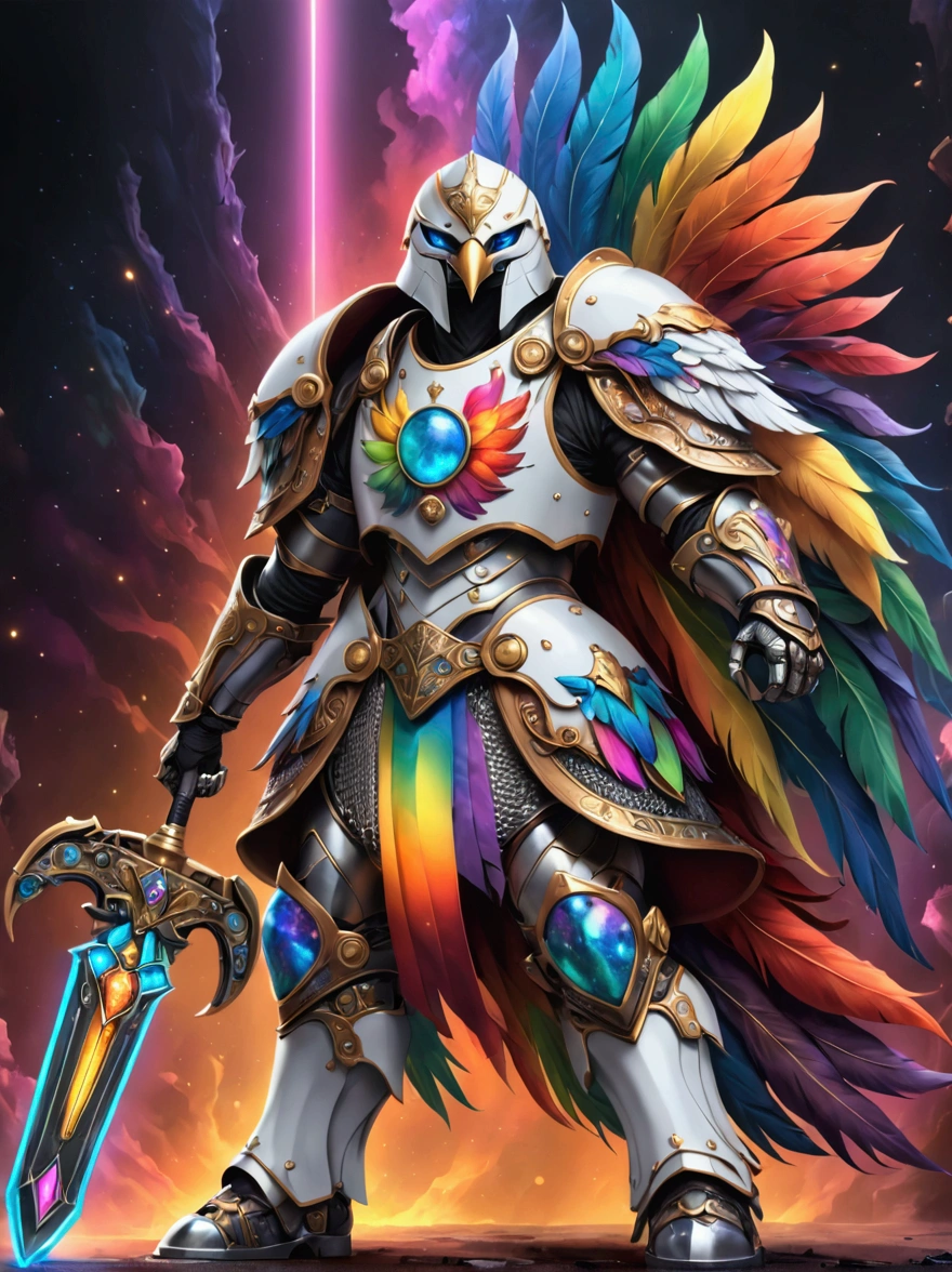 Imagine a futuristic warrior from a highly advanced pseudo-medieval universe. The warrior is armored in a power suit with features of Roman Centurions. The suit has a predominantly white color but is adorned with hues of vibrant rainbow colors, symbolizing inclusivity. Details include a helmet with a plume, a chainmail skirt, pauldrons with imperial eagles, and a power backpack shaped like an upside-down 'T'. The warrior is holding a futuristic version of a bolter gun in one hand and a power sword in the other hand, both decorated in the same vibrant colors