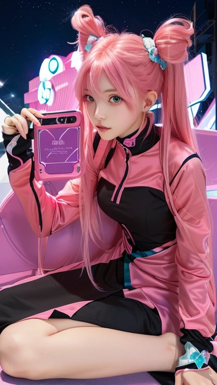 girl with pink hair and a pink outfit holding a cell phone, zero two, pink twintail hair and cyan eyes, my dress up darling , portrait of magical girl, red emerald, mirai nikki, princess, style like fate/stay night, wallaper, misato katsuragi, inspired by Rei Kamoi, seductive girl