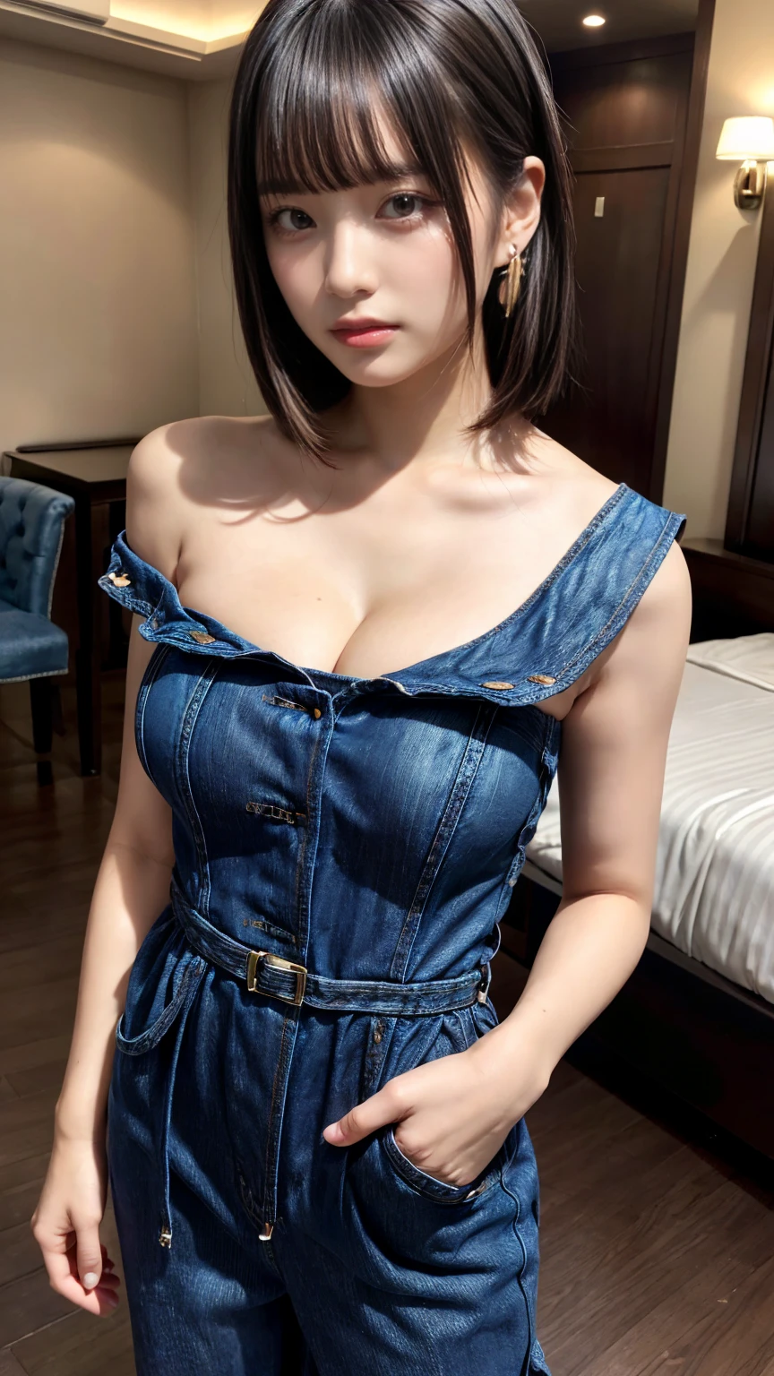 (absurdres:1.3), (highres:1.3), (ultra detailed:1.3),(1girl:1.3), (extremely detailed CG unity 8k wallpaper:1.3), (detailed skin texture, detailed cloth texture, detailed hair texture), (beautiful detailed face, supermodel, pale skin, realistic glistening skin), (RAW photo, best quality), (realistic, photo-realistic:1.4), masterpiece, extremely delicate and beautiful,Amazing, finely detail, extremely detailed CG unity 8k wallpaper, huge filesize, ultra-detailed, highres, absurdres, soft light,rim light, vibrant details, hotel room, straight hair, large breasts, black hair color, Big Natural Color Lip, (perfect body shape), beautiful legs, BREAK (denim jumpsuit:1.4), ((sleeveless, bare shoulder):1.4), ((collarbone,cleavage):1.3), 

BREAK (earrings:1.2), (black pumps with heels:1.2), crying a little、Harajuku style、20 year old girl、cute type、ta、