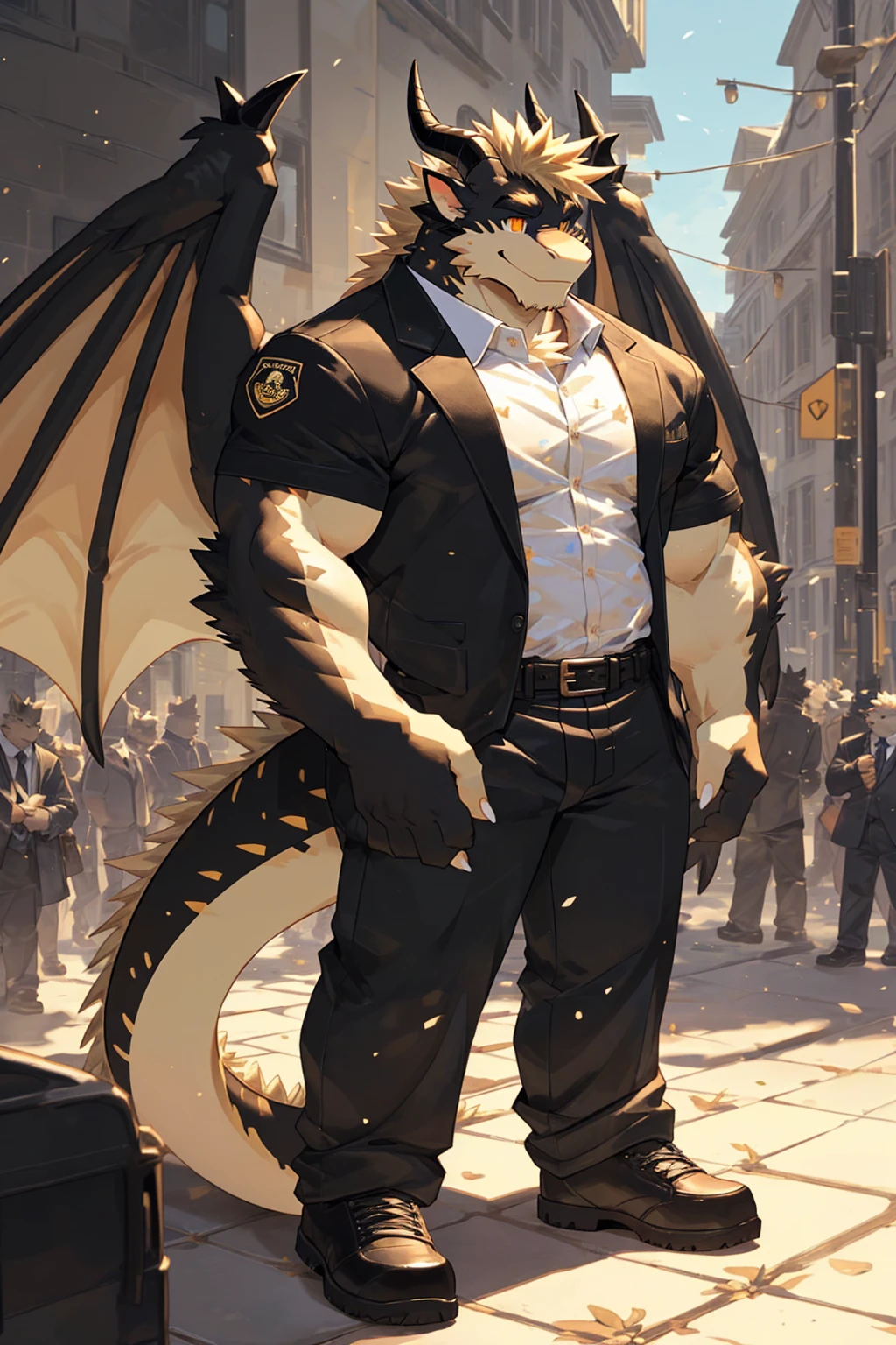 (sfw:1.5), male focus, security guard, Handsome 1boy, solitary,protrait photo, single, (Black eyebrows:1.4), (White nails, White Paws:1.4), (Light blond hair:1.5), (Black and gold dragon wings, Huge black and gold dragon wings:1.3), Black and gold skin, (Black and gold tail:1.4), (Black horn, Black curved corners:1.4), (Black body:1.4), (All black:1.4), (Pale blond chin, Pale golden neck:1.4), Pale golden chest, Light blond chest hair, (perfect golden eyes:1.4), (Black and gold scales:1.3), (Black Hands, Black Hands背, Black Hands指:1.4), (Black forehead, Black head:1.4),
Western Dragon, dragon, dragon boy, dragon body, feet, (big eyes, large eyes:1.4), (Chubby face, The body is huge, Larger face:1.3),
(Black short sleeve, White short-sleeved shirt, Black pants, Black leather shoes, Black leather belt:1.4),
(full body:1.3), (Mature men:1.4), (Strong body, muscle,Strong male:1.3), (Thick arms:1.3), (Standing:1.4), (Looking at the audience, Focus, Eyes gaze:1.2), (Smile:1.4),
full background,ground, Blue sky, White Cloud, ground, School, School大门, security guard亭,
, Mysterious and romantic atmosphere, Caustic lines(refraction, polarization)Perfect anatomical structure, absurd, Detailed background, (Delicate eyes:1.3),Printing style。((artist:Takemoto Arashi))