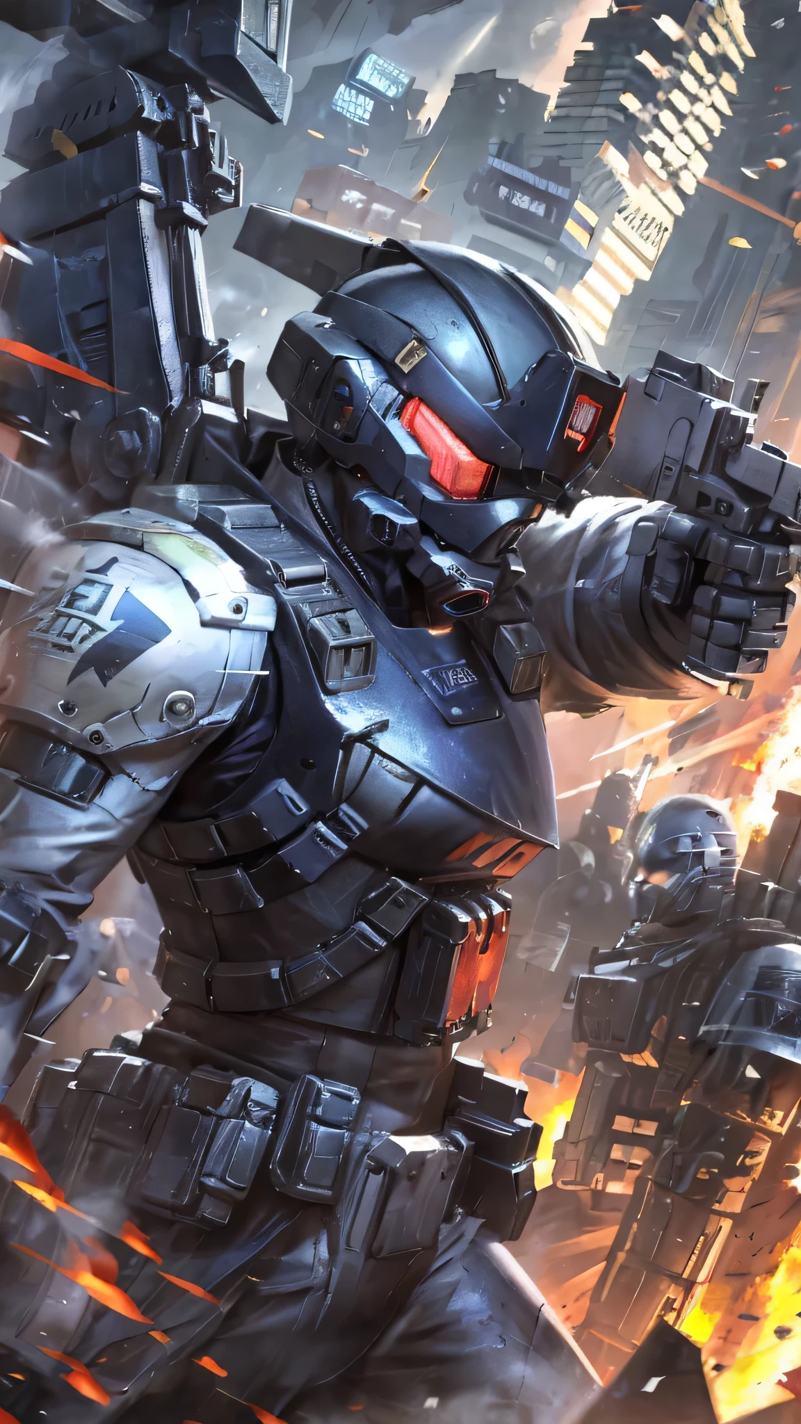 最high quality、Best image quality、masterpiece、Giant Mecha((humanoid、Railgun、Bulletproof vest、Jetpack、Red visor、Run、Chainsaw,Covered in scars,gas mask、Black color、Fighting Pose)）high quality、Beautiful art、background((City、explosion、Smokescreen)),Tabletop、Exquisite design、Visual Arts、Written boundary depth、Best lighting、The finest details、8ｋ
