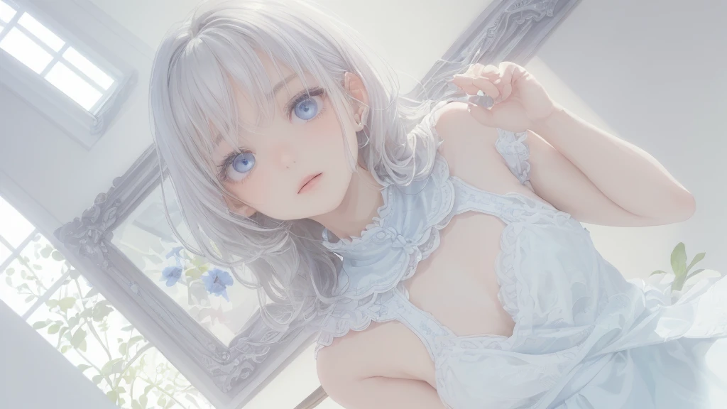 (((Watercolor painting of a cornflower in a white frame,A girl is in a New York cafe with a white framed picture of flowers))),,(((One ))),(Perfect Eyes),((Realistic eye details)),(((White Hair,beautiful detailed iris)))innocent,Childhood remains,Hair is white,,(Super cute:1.2),(masterpiece、Highest quality,Highest quality,Beautiful and beautiful:1.2),,Innocent Girl,,(Realistic and glossy skin expression,Transparency,Soft ambient light,Kind Face,((Multilayer Texture)),((Storytelling Visual Arts)),Realistic and glossy skin expression, Innocent, large, round eyes,Beautiful attention to detail,The pupils are round,,Downward, Droopy eyes,(A work of outstanding craftsmanship),(Transparency),(Perfect and beautiful face),Tyndall effect, Realistic, Shadow Studio,((White and light blue shirt:1.3、White and light blue block dress)),Backlight,Distorted perspective ,dress with lace,Gentle mouth, Frill dress, Earrings, Floating Hair, , Hair Flowers, , ((hair band)), , Particles of light,, Look Viewer ,, , petal,,,,,(masterpiece、Highest quality,Highest quality,Beautiful and beautiful:1.2),,,,Braided Hair,Face Light,((Big beautiful eyes:1.3)),()),,Tyndall effect, , (Skin with attention to detail: 1.2),