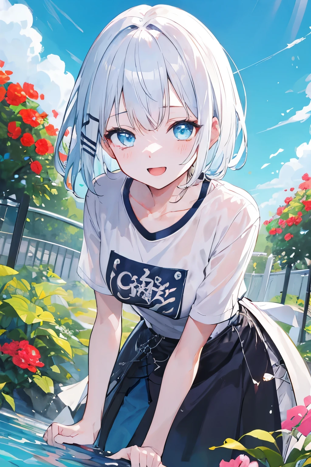 Masterpiece、Anime Coloring、Ultra fine、、、One Girl、Open your mouth wide、Lower Angle、cowboy shot、looking at the camera、smile、blush、Watery eye、Parted bangs、DullＴshirt、Leaning forward、garden、blue sky、sunny、