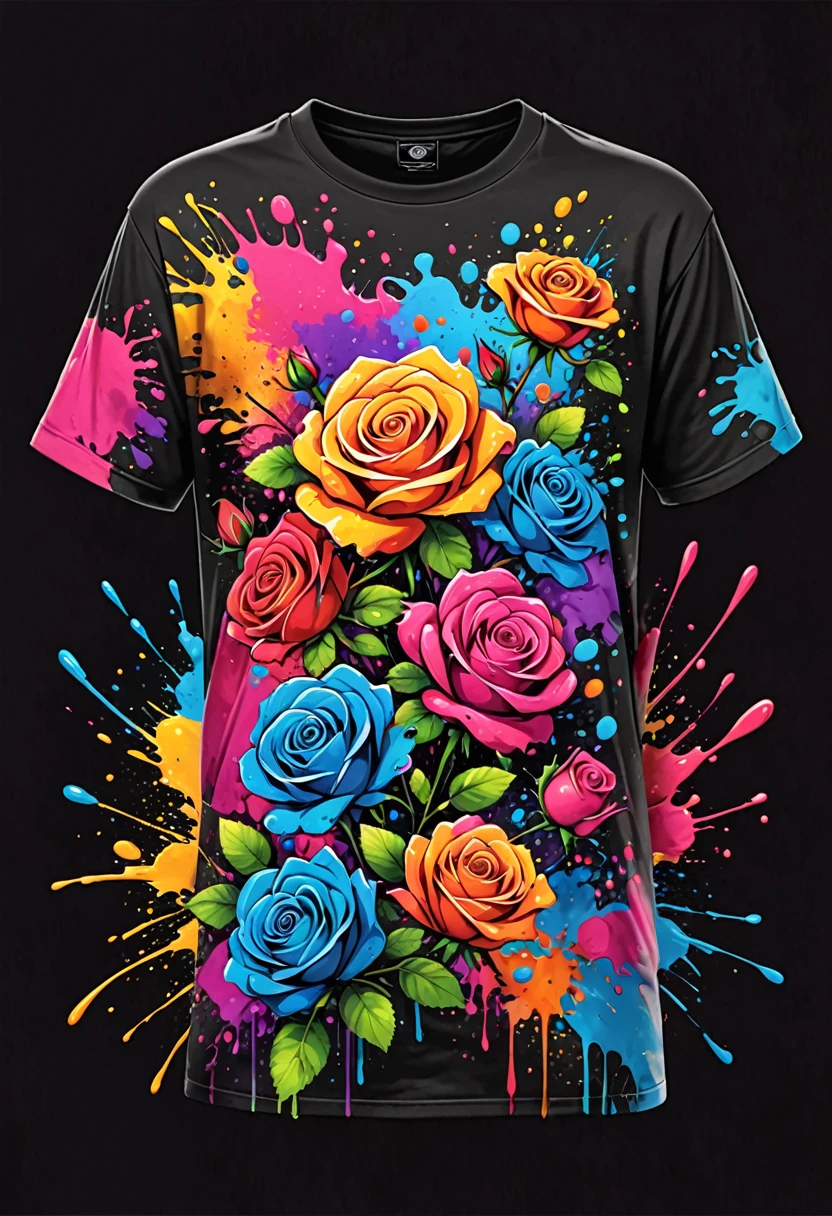 Designer t-shirt with colorful illustration with many roses, At the center, swirly vibrant colors, paint splashes and smears, High detail t-shirt design, black backdrop