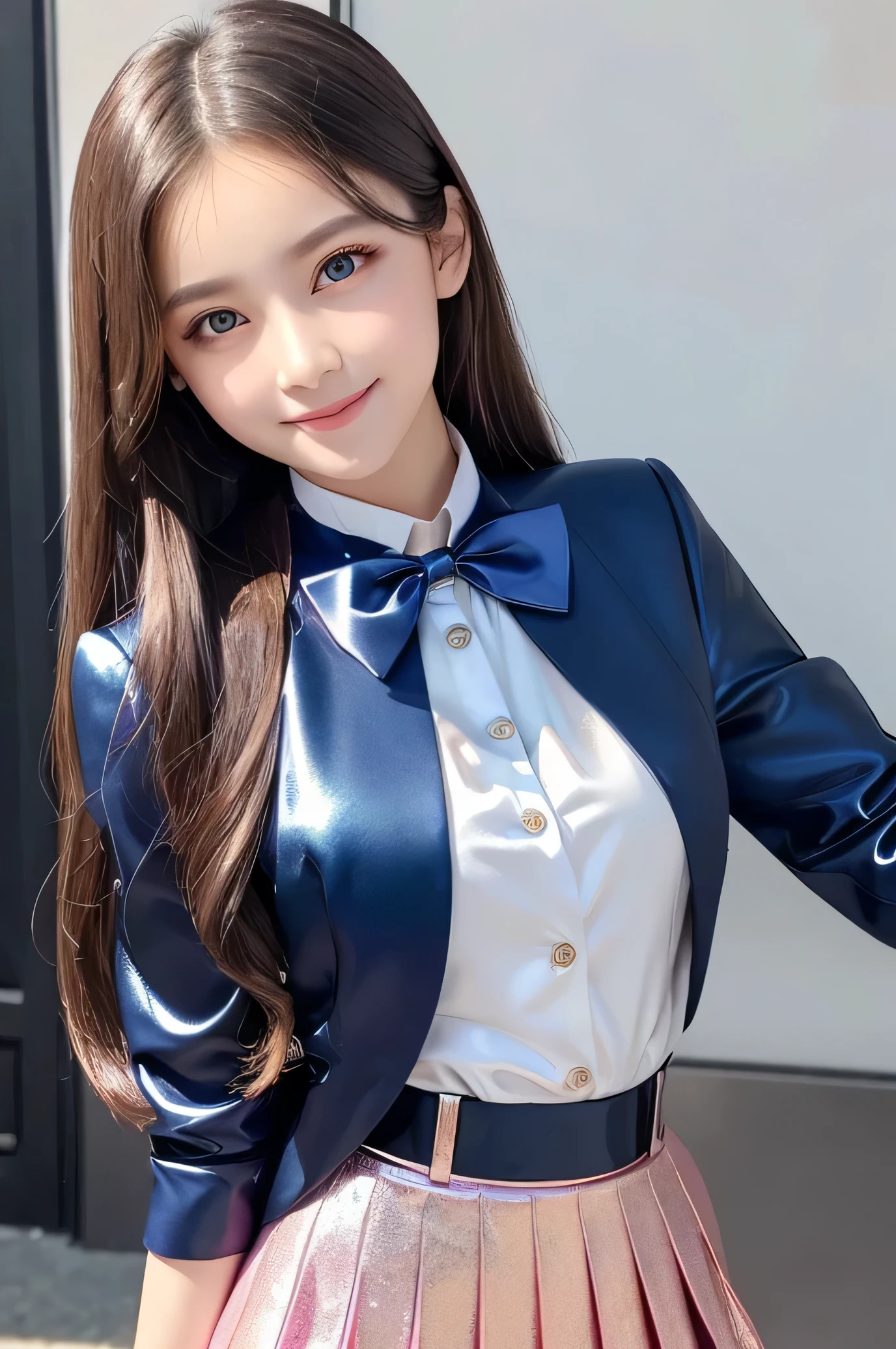 (Very beautiful  cute girl), (very  cute face:1.2),, (sparking crystal clear attractive large eyes), best looks, Beautiful detailed eyes, Detailed double eyelids, (smiling), (realistic photograph:1.2), long straight hair, (super shiny metallic dark blue blazer:1),metallic pearl white school blouse,(shiny metallic pink neck bow tie:1),(super shiny metallic dark blue pleat skirt :1)