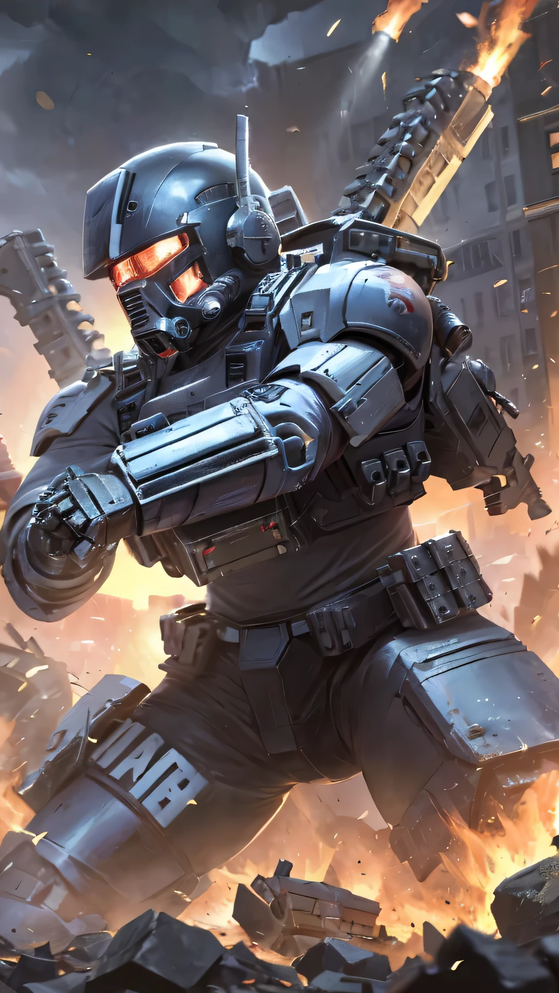最high quality、Best image quality、masterpiece、Giant Mecha((humanoid、Railgun、Bulletproof vest、Jetpack、Red visor、Run、Chainsaw,Covered in scars,gas mask、Black color、Fighting Pose))high quality、Beautiful art、background((City、explosion、Smokescreen)),Tabletop、Exquisite design、Visual Arts、Written boundary depth、Best lighting、The finest details、8k
