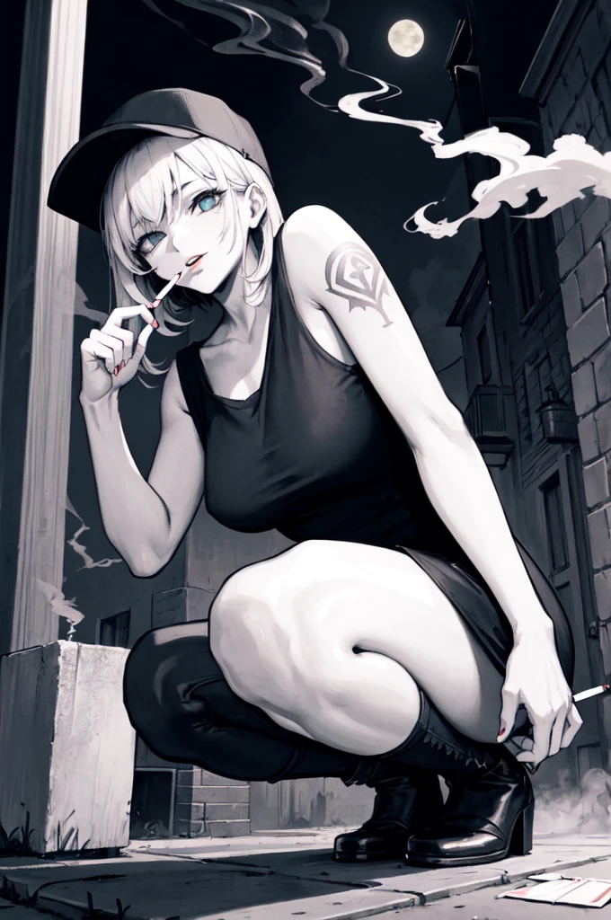 (masterpiece:1.2), girl, Night, damp street, view from below, arm tattoo, (smoking, cigarette smoke:1.15), cap, crouching, red lips, moonlight, (front focus), big tis, Sleeveless shirt