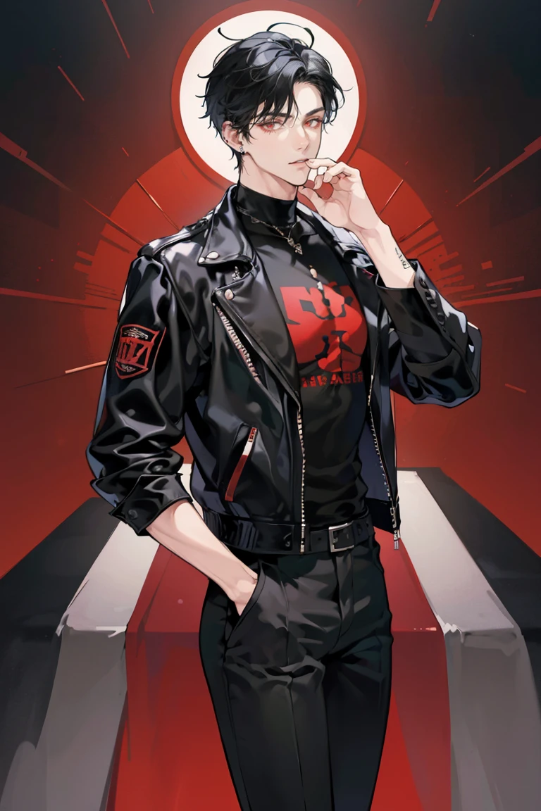 (masterpiece), best quality, seductive eyes, perfect face, handsome man, red eyes, short messy black hair, long nose, plain black t-shirt, black fitted pants, black leather jacket, full body, extremely tall man, long legs, long calves, anime cover, 1boy, ear piercings, hands in pockets, adult-like look, motorcycle