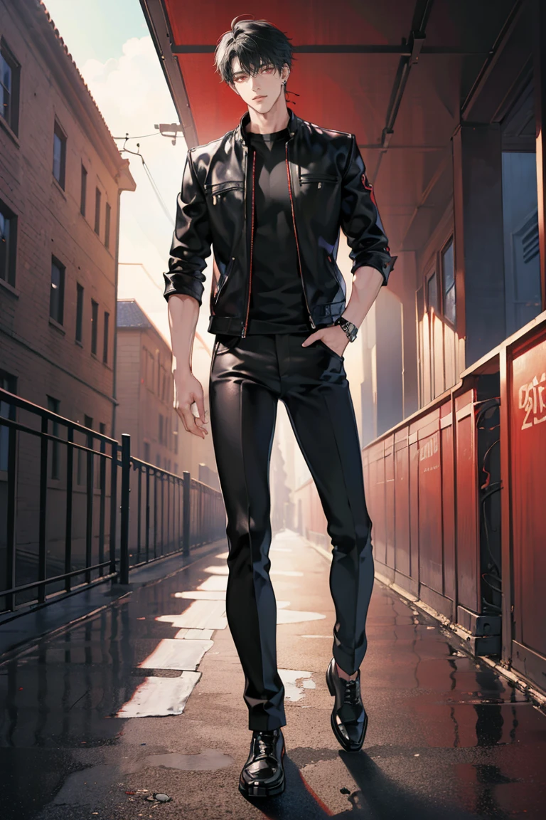 (masterpiece), best quality, seductive eyes, perfect face, handsome man, red eyes, short messy black hair, long nose, plain black t-shirt, black fitted pants, black leather jacket, full body, extremely tall man, long legs, long calves, anime cover, 1boy, ear piercings, hands in pockets, adult-like look, motorcycle
