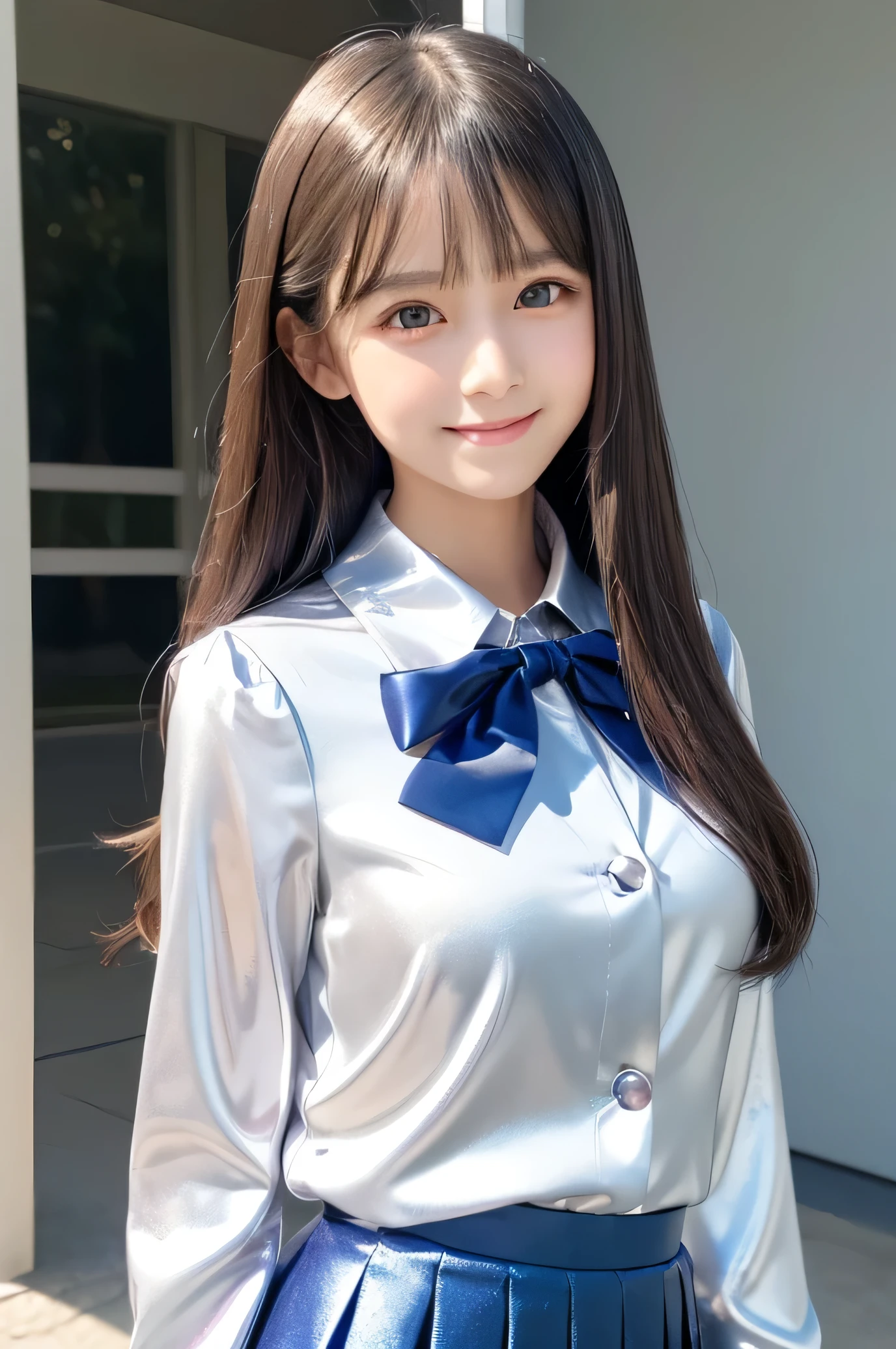 (Very beautiful cute girl), (very cute face:1.2),12 yo, (sparking crystal clear attractive large eyes), best looks, Beautiful detailed eyes, Detailed double eyelids, (smiling), (realistic photograph:1.2), long straight hair, (super shiny metallic dark blue blazer:1),metallic pearl white school blouse,(shiny metallic pink neck bow tie:1),(super shiny metallic dark blue pleat skirt :1)