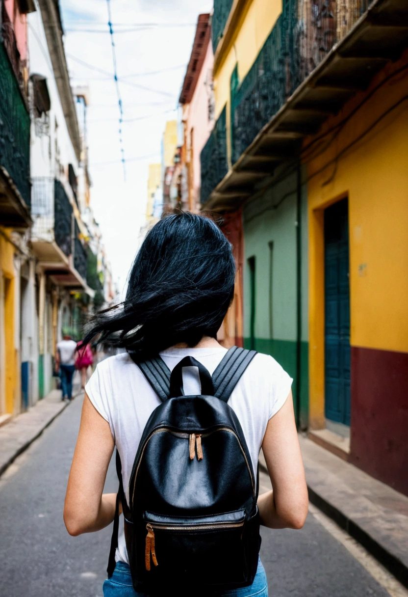 Woman with black hair and back walking through the streets of Buenos Aires with a backpack