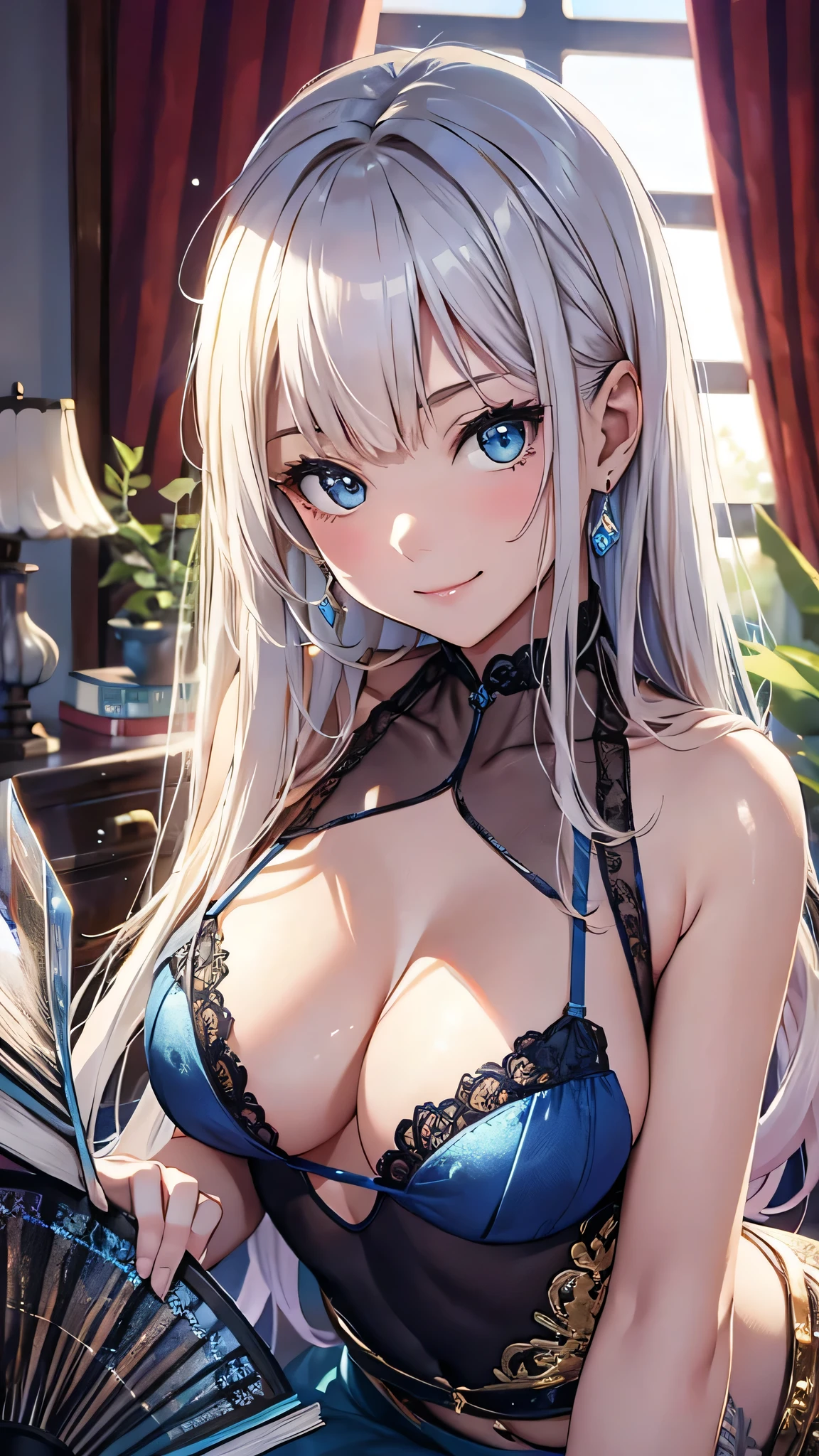 最high quality、Best image quality、masterpiece、With a girl((cute、、Best Bust、Medium Bust、Beautiful Blue Eyes、Spread your chest wide,Blonde、Slender、The best valley、Blue Tank Top、Blue trousers,Show the whole body、Blue Mesh,swim,smile))high quality、Beautiful art、background((summertime、large room、cooler、Fan、See-through curtains、White bed、A large number of books)),Tabletop、Exquisite design、Visual Arts、Depth of written boundary、Best lighting、Highest detail、8k