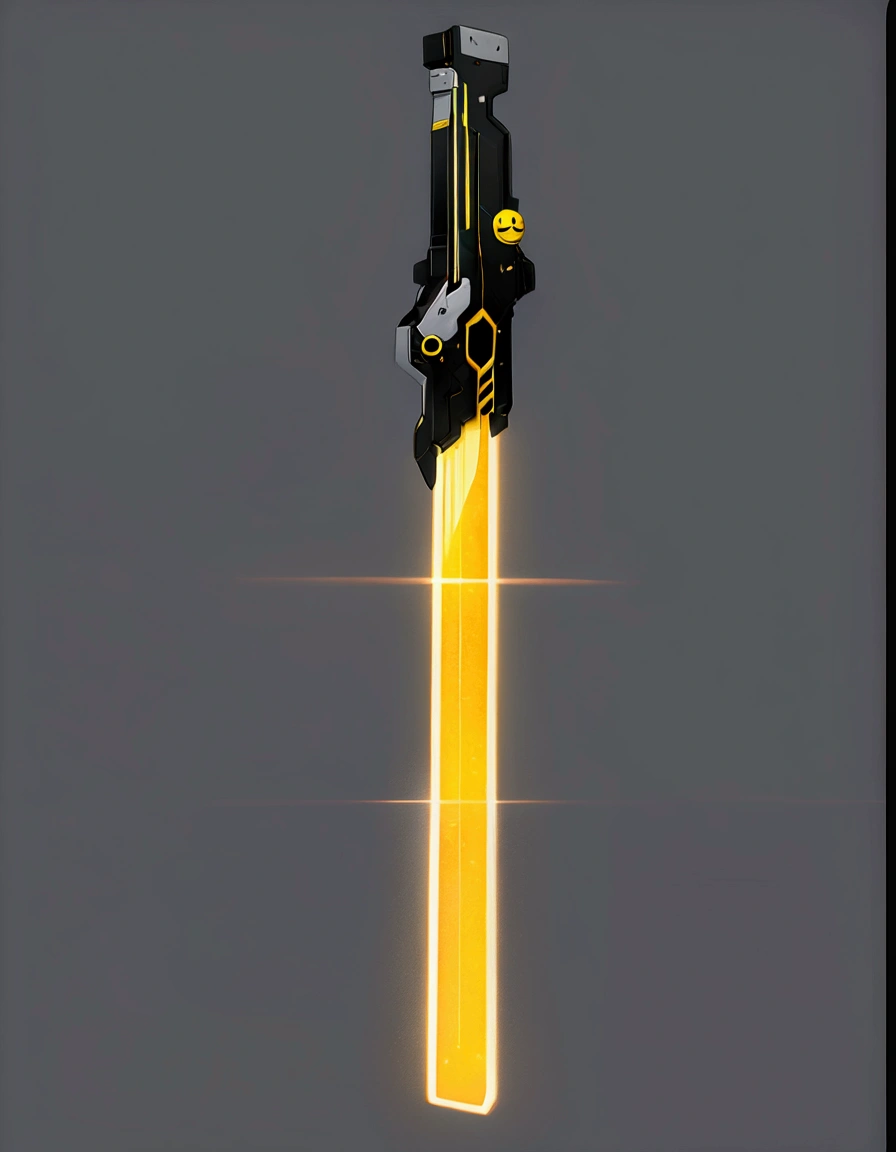 Inspired by Valorant's Sonic Blade, the design resembles a lightsaber, with the entire blade composed of LED lights that are enveloped in a visual representation of sound waves. The hilt, akin to a remote control, features buttons and stickers, enhancing its high-tech appearance，This image appears to be a digital illustration of a futuristic weapon, possibly a laser sword or lightsaber. The sword has a black handle with various stickers and markings on it, including the letters "WTF" and a yellow smiley face. The blade of the sword is a bright yellow color and seems to be glowing, giving off a sense of power and energy. The background of the image is a plain gray color, which helps to highlight the sword and make it stand out. Overall, the image gives a sense of science fiction and fantasy, suggesting a world beyond our own where such weapons might exist.Content generated by AI Try to design different styles of weapon images