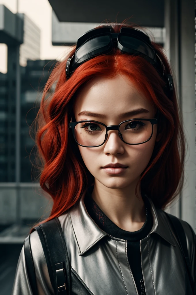 Redhead girl with cyberpunk glasses on her head with hanahaki. Wear a gray blouse