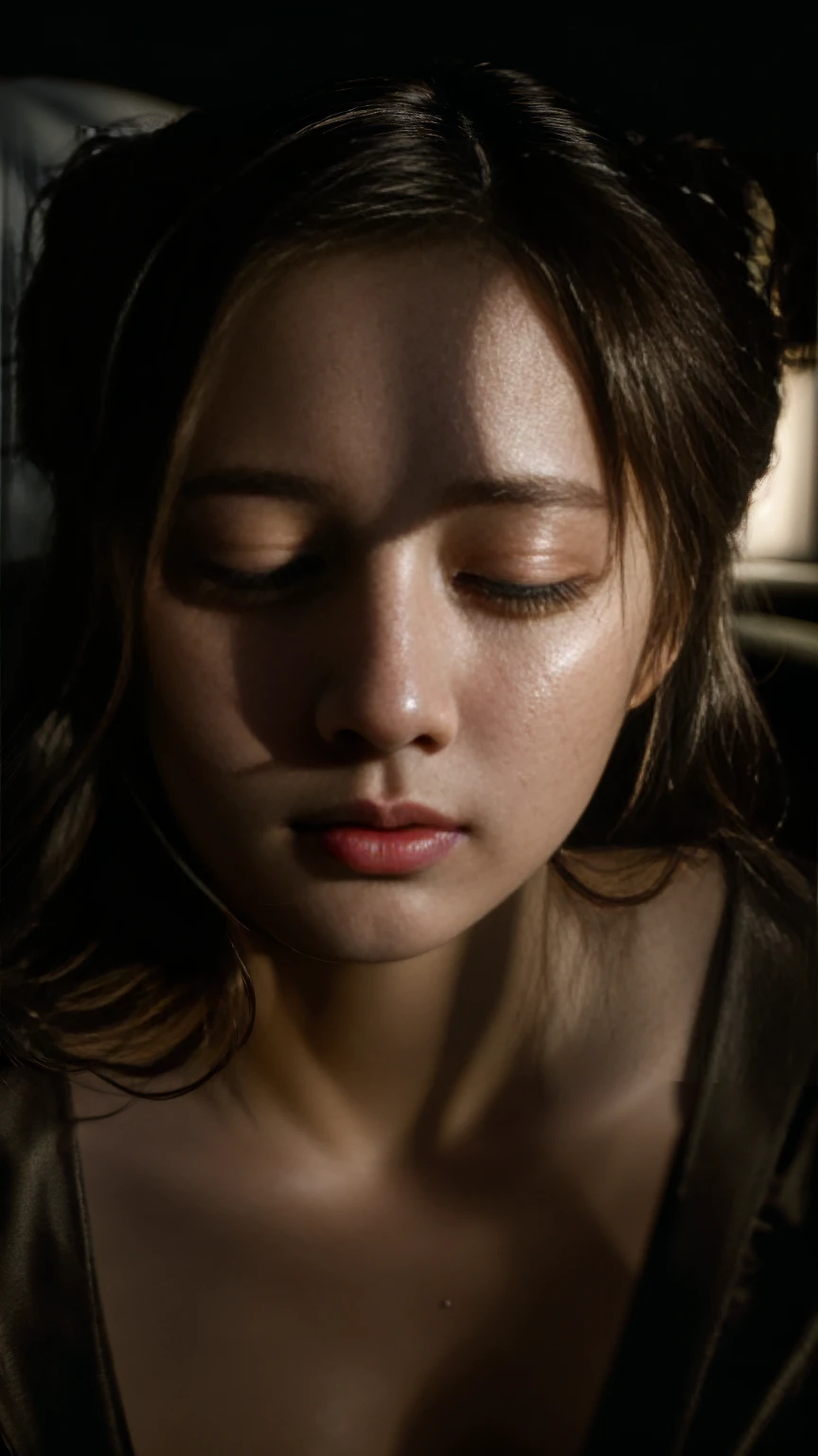 couture fashion photography, an award winning photo of a beautiful girl in nightgown, bun, lying in bed, dark lighting, (deep shadows:1.1), masterpiece, best quality, (intricate details), dreamy, magnificent, ethereal, volumetric lighting, lightroom, ((cinematic)), raytracing, subsurface scattering, face focus,
