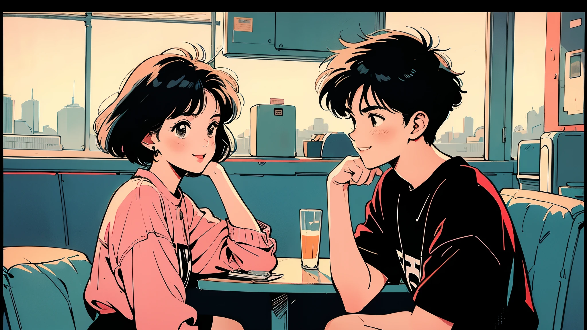 Highest quality,wallpaper,masterpiece,Super detailed,8K,wallpaper,Retro,(One female:1.5),Woman with short hair,Cafe,Talking to boyfriend,(A happy smile),City Pop,Urban Pop,Retroなレコードジャケットのイラスト