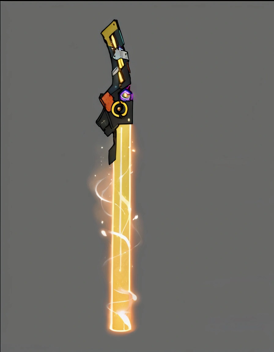 Inspired by Valorant's Sonic Blade, the design resembles a lightsaber, with the entire blade composed of LED lights that are enveloped in a visual representation of sound waves. The hilt, akin to a remote control, features ons and stickers, enhancing its high-tech appearance,This image appears to be a digital illustration of a futuristic weapon, possibly a laser sword or lightsaber. The sword has a black handle with various stickers and markings on it, including the letters "WTF" and a yellow smiley face. The blade of the sword is a bright yellow color and seems to be glowing, giving off a sense of power and energy. The background of the image is a plain gray color, which helps to highlight the sword and make it stand out. Overall, the image gives a sense of science fiction and fantasy, suggesting a world beyond our own where such weapons might exist.Content generated by AI Try to design different styles of weapon images