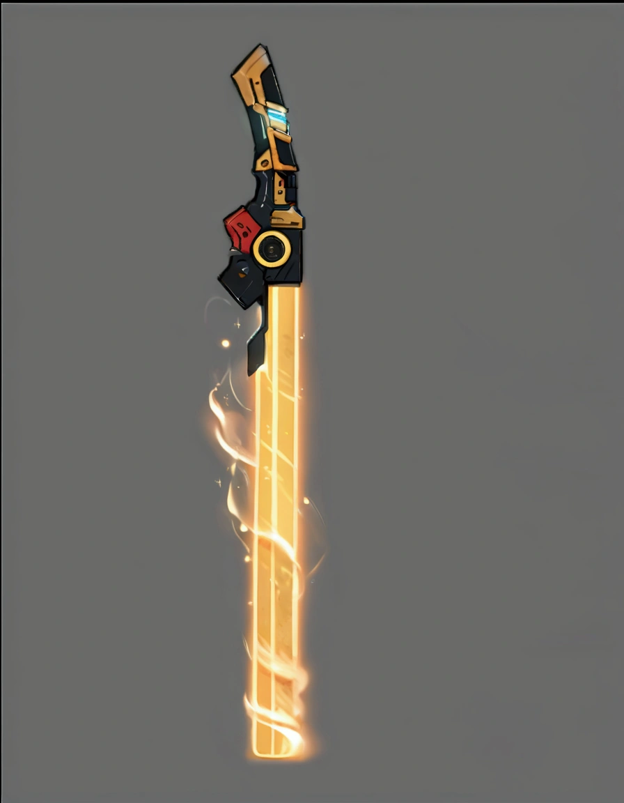 Inspired by Valorant's Sonic Blade, the design resembles a lightsaber, with the entire blade composed of LED lights that are enveloped in a visual representation of sound waves. The hilt, akin to a remote control, features buttons and stickers, enhancing its high-tech appearance,This image appears to be a digital illustration of a futuristic weapon, possibly a laser sword or lightsaber. The sword has a black handle with various stickers and markings on it, including the letters "WTF" and a yellow smiley face. The blade of the sword is a bright yellow color and seems to be glowing, giving off a sense of power and energy. The background of the image is a plain gray color, which helps to highlight the sword and make it stand out. Overall, the image gives a sense of science fiction and fantasy, suggesting a world beyond our own where such weapons might exist.Content generated by AI Try to design different styles of weapon images