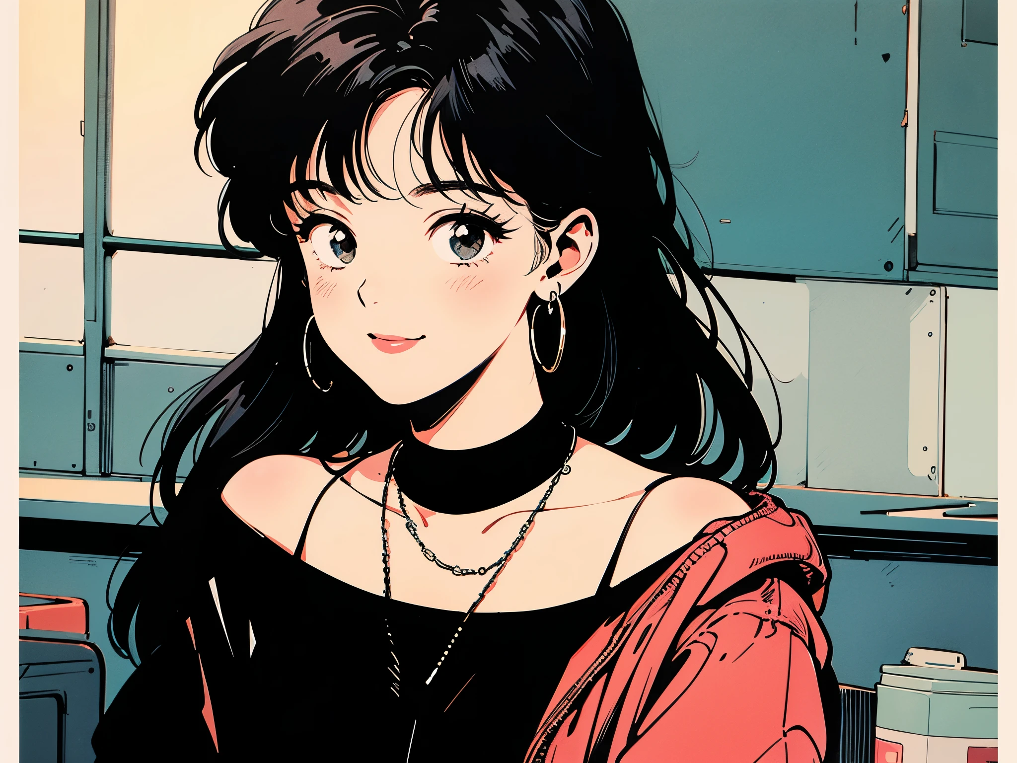 Highest quality,wallpaper,masterpiece,Super detailed,8K,wallpaper,Retro,((One female:1.5)),Long-haired woman,Cafe,(Looking this way and smiling),City Pop,Urban Pop,Retroなレコードジャケットのイラスト