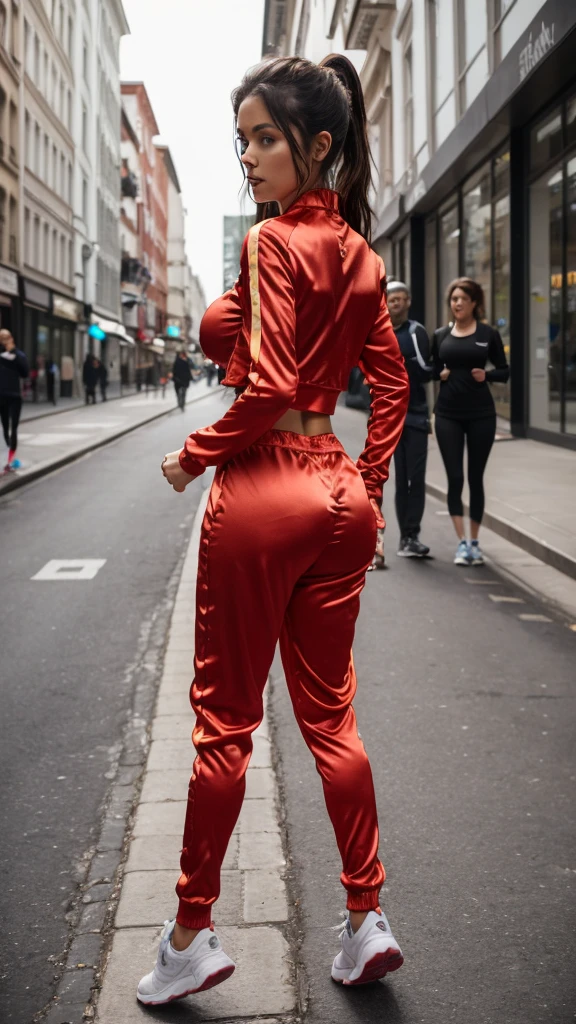 A sexy slim woman aged 16 walks through the city, she is wearing a tight satin tracksuit, Her breasts are big, sexy ass,candid Ass, Jogging , kniet auf dem Boden,
