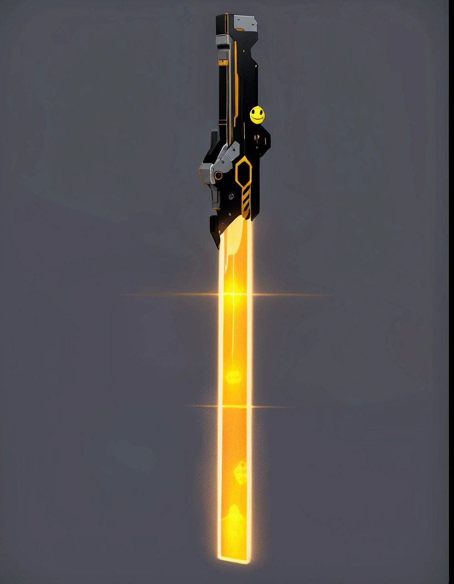 Inspired by Valorant's Sonic Blade, the design resembles a lightsaber, with the entire blade composed of LED lights that are enveloped in a visual representation of sound waves. The hilt, akin to a remote control, features buttons and stickers, enhancing its high-tech appearance,This image appears to be a digital illustration of a futuristic weapon, possibly a laser sword or lightsaber. The sword has a black handle with various stickers and markings on it, including the letters "WTF" and a yellow smiley face. The blade of the sword is a bright yellow color and seems to be glowing, giving off a sense of power and energy. The background of the image is a plain gray color, which helps to highlight the sword and make it stand out. Overall, the image gives a sense of science fiction and fantasy, suggesting a world beyond our own where such weapons might exist.Content generated by AI Try to design different styles of weapon images