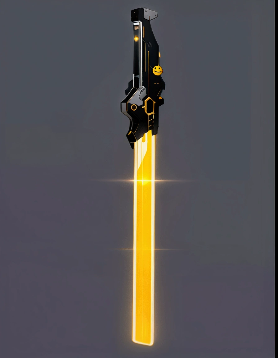 Inspired by Valorant's Sonic Blade, the design resembles a lightsaber, with the entire blade composed of LED lights that are enveloped in a visual representation of sound waves. The hilt, akin to a remote control, features buttons and stickers, enhancing its high-tech appearance,This image appears to be a digital illustration of a futuristic weapon, possibly a laser sword or lightsaber. The sword has a black handle with various stickers and markings on it, including the letters "WTF" and a yellow smiley face. The blade of the sword is a bright yellow color and seems to be glowing, giving off a sense of power and energy. The background of the image is a plain gray color, which helps to highlight the sword and make it stand out. Overall, the image gives a sense of science fiction and fantasy, suggesting a world beyond our own where such weapons might exist.Content generated by AI Try to design different styles of weapon images