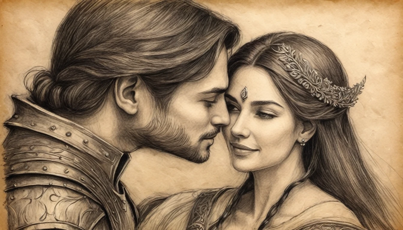 couple in love, sketch, charcoal pencil drawing on old paper. medieval, lovers of medieval times, let them come out in Epona&#39;s clothing. without armor