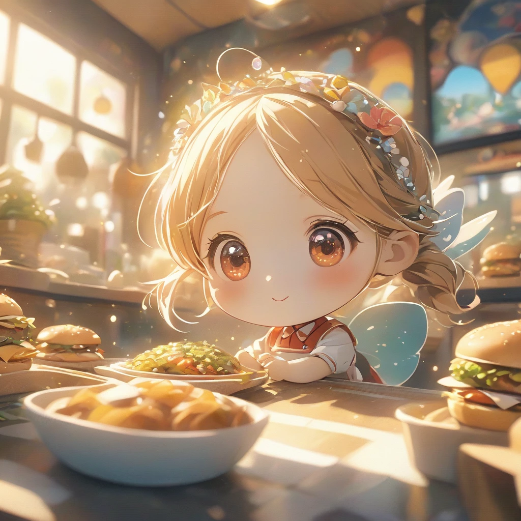 Beautiful close-up, Lovely, Hardworking and lively fast food restaurant clerk.Beautiful and textured foreground and background，detailed, bright, Animation style HD high quality presentation,（（（Romantic atmosphere）））（（（fairy tale elements）））（（（masterpiece）））， （（best quality））