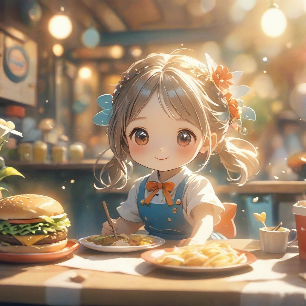 Beautiful close-up, Lovely, Hardworking and lively fast food restaurant clerk.Beautiful and textured foreground and background，detailed, bright, Animation style HD high quality presentation,（（（Romantic atmosphere）））（（（fairy tale elements）））（（（masterpiece）））， （（best quality））