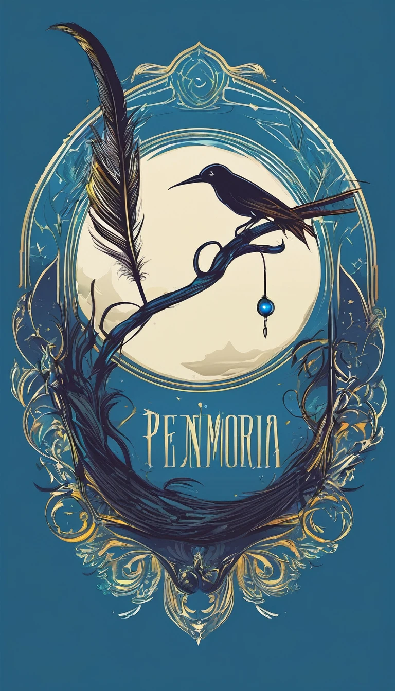 Create a minimalistic, simple, fantastic, easy to understand, logo design of a boy and a feather for an upcoming Fantasy Role Playing Game called " Penamemoria". The game is about a world full of bird and feathers. A boy enters that world and discovers his true artistic identity. Create a logo design that transmits the essence of this videogame. It´s a fantasy game, with fantasy elements. Create the logo in the center and a fantasy theme as background. Use the colours blue, white, yellow in the logo. The logo design must convey a sense of fantasy, dreams and music. Must convey a feeling of being a true Dreamer