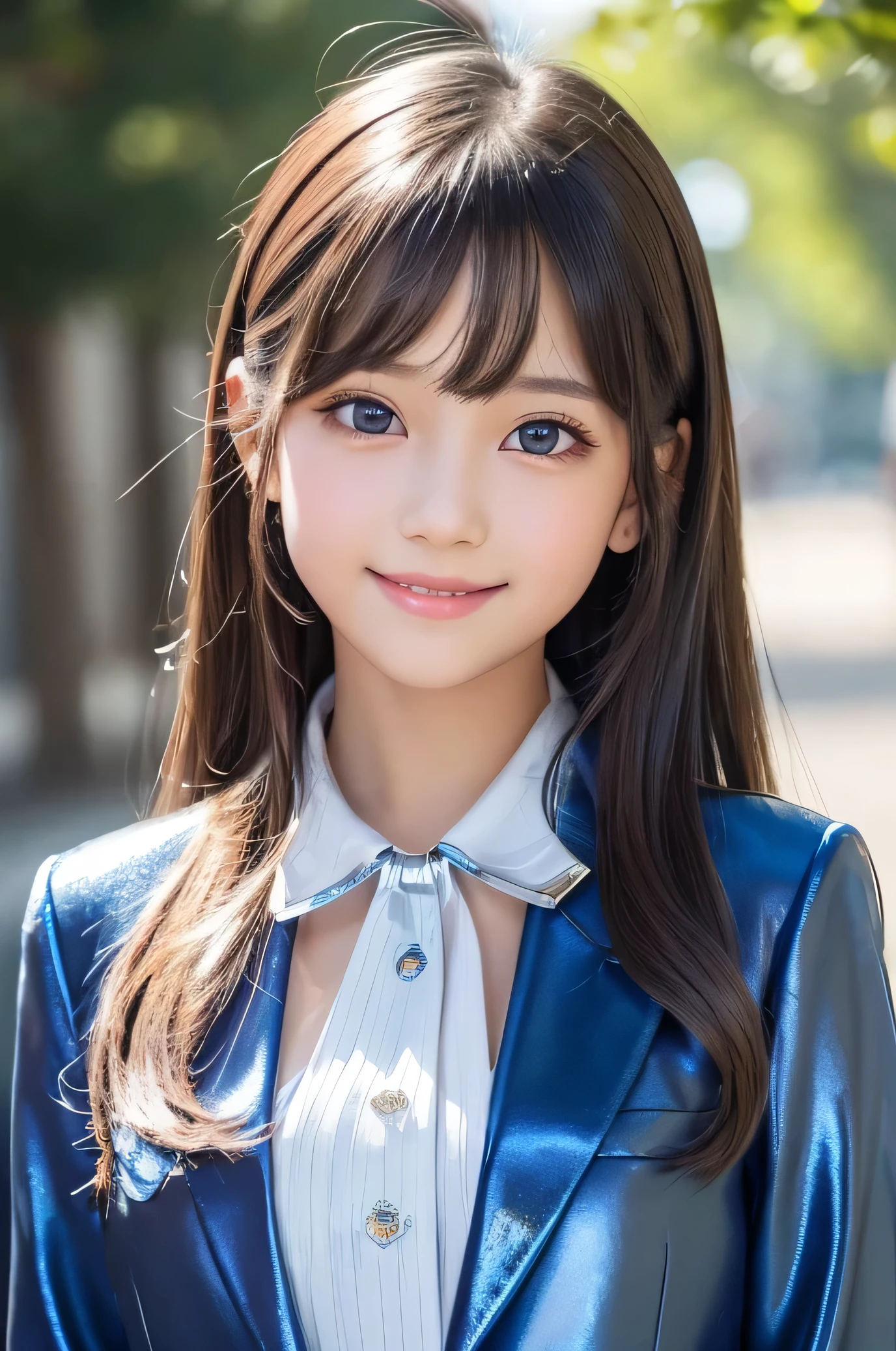 (Very beautiful cute girl), (very cute face:1.2),13 yo, (sparking crystal clear attractive large eyes), best looks, Beautiful detailed eyes, Detailed double eyelids, (smiling), (realistic photograph:1.2), long straight hair, (super shiny metallic dark blue blazer:1.1),metallic pearl white school blouse,(shiny metallic pink neck bow tie:1),(super shiny metallic dark blue pleat skirt :1)