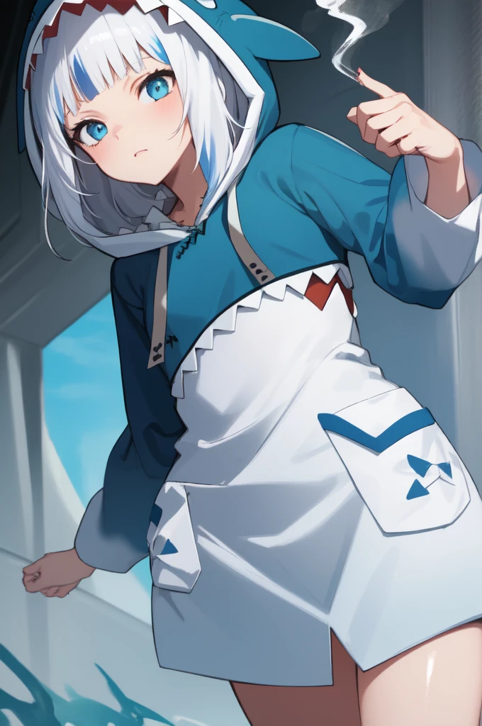 (masterpiece1.1), (high resolusion:1.2), ((best quality)), highres, 1girl, solo, detailed CG, ultra detailed, beautiful and aesthetic, (add layer), (shiny skin:1.2), glistening, gawr gura, blue hoodie, shark hood, smoking
