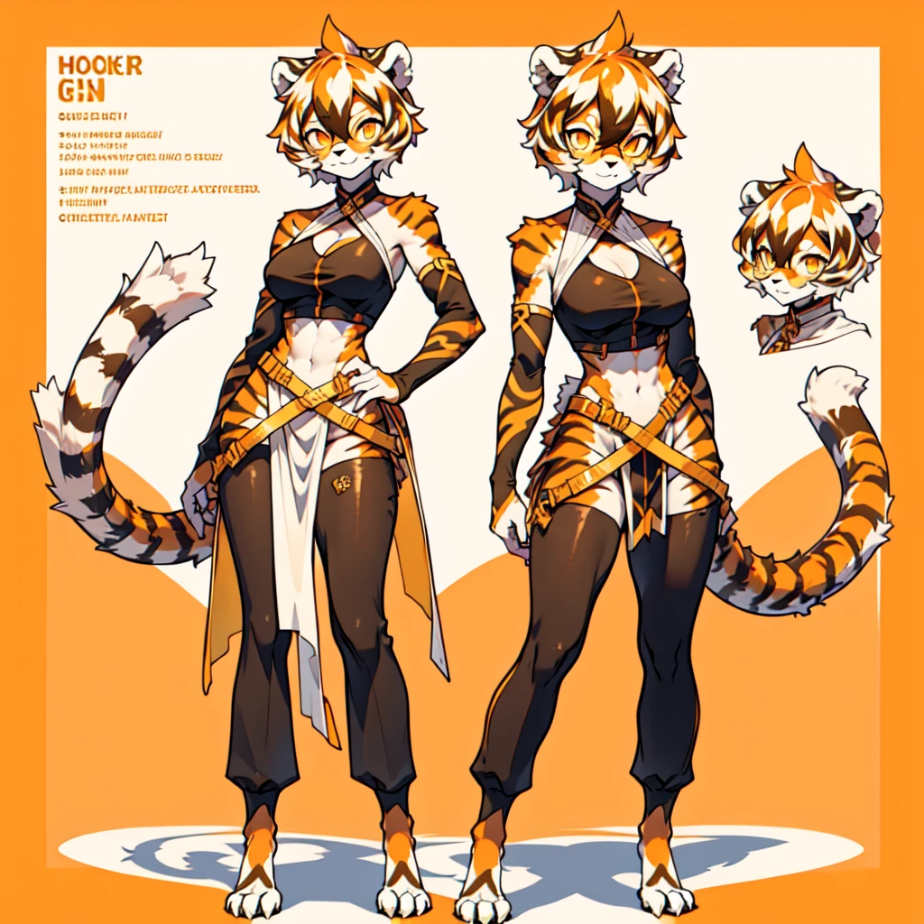 (CharacterSheet:1),(multiple views, full body, upper body, reference sheet:1),white background, full body, ((furry female:1.2)), Standing, animal ears, white hair, black hair, short hair, large breasts, muscle, tail, orange eyes, orange hair, multicolored hair, tiger girl, hair between eyes, tiger_ears, tiger_tail, orange-tinted_eyewear, tinted_eyewear, big breasts, evil smile, Shadows under feet, Abdominal muscles, (((Hooker outfit:1.2))), show body,Gold, lots of gold, gold ingots everywhere
