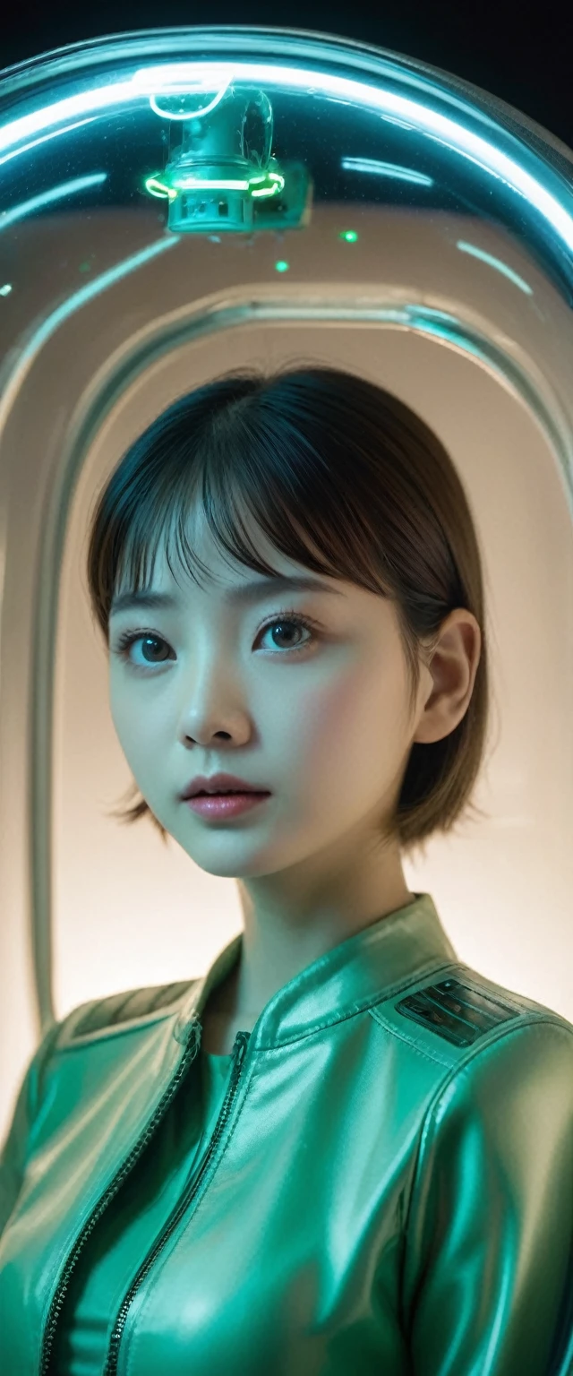 A coffin-like green metal escape capsule from a spaceship in a science fiction movie, The upper half of the escape capsule is made of transparent glass, ((A girl is sleeping alert with her eyes closed inside the escape capsule)), ((the girl is 10 years old)),the girl is wearing silver metalic clothing, The inside of the capsule is filled with dazzlingly bright light from the lamps and monitors of the life support system, The bright light shines on the girl's face,The bright light shines on the girl's face,feminine,(((baby face))),((very cute face)),((small nose,slim waist,small hip)),brown smooth hair, smooth skin, ((big double eyelid eyes)), ((brown eyes)),(no accessary, no manicure, no make up),