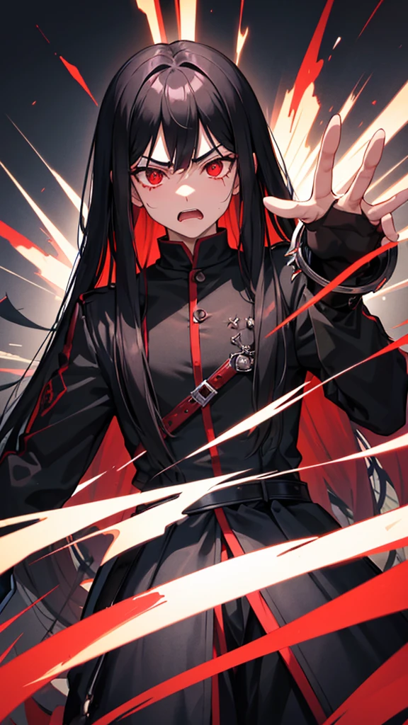 A young man with long black hair emits a red aura from his entire body.、Glaring at me with hostile eyes, yelling in rage, dressed like punk rock
