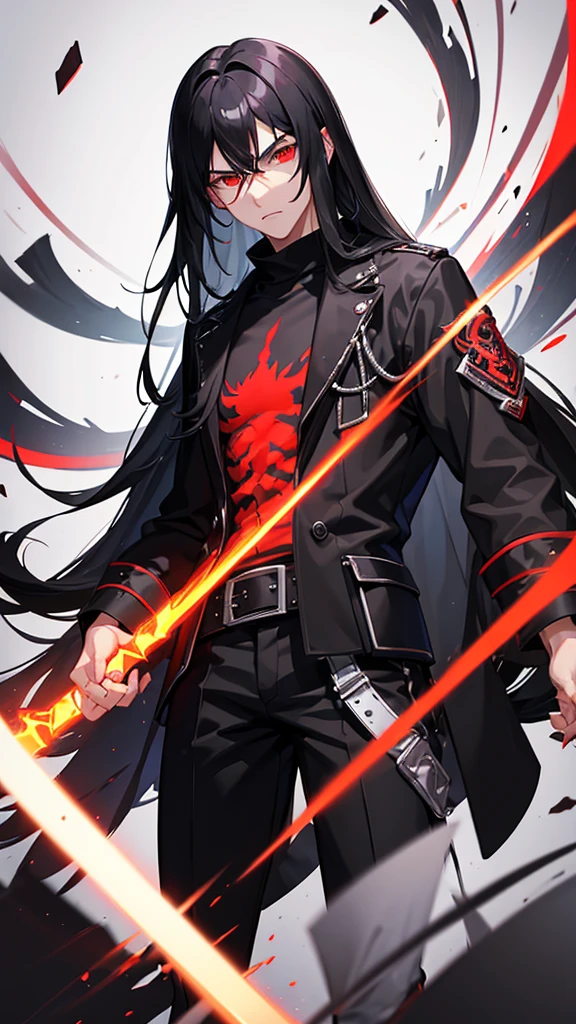 A young man with long black hair emits a red aura from his entire body.、Glaring at me with hostile eyes, yelling in rage, dressed like punk rock