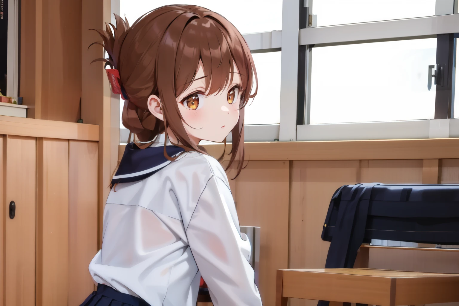 A female student in a sailor uniform sitting on the floor of the gymnasium and watching a physical education class because she feels unwell,(masterpiece, best quality:1.2),illustration,8K,HD,1girl,独奏,upper body,(portrait:1.2),brown_hair,folded_ponytail,brown_eyes,serafuku,long_hair,school_uniform,skirt,pleated_skirt,