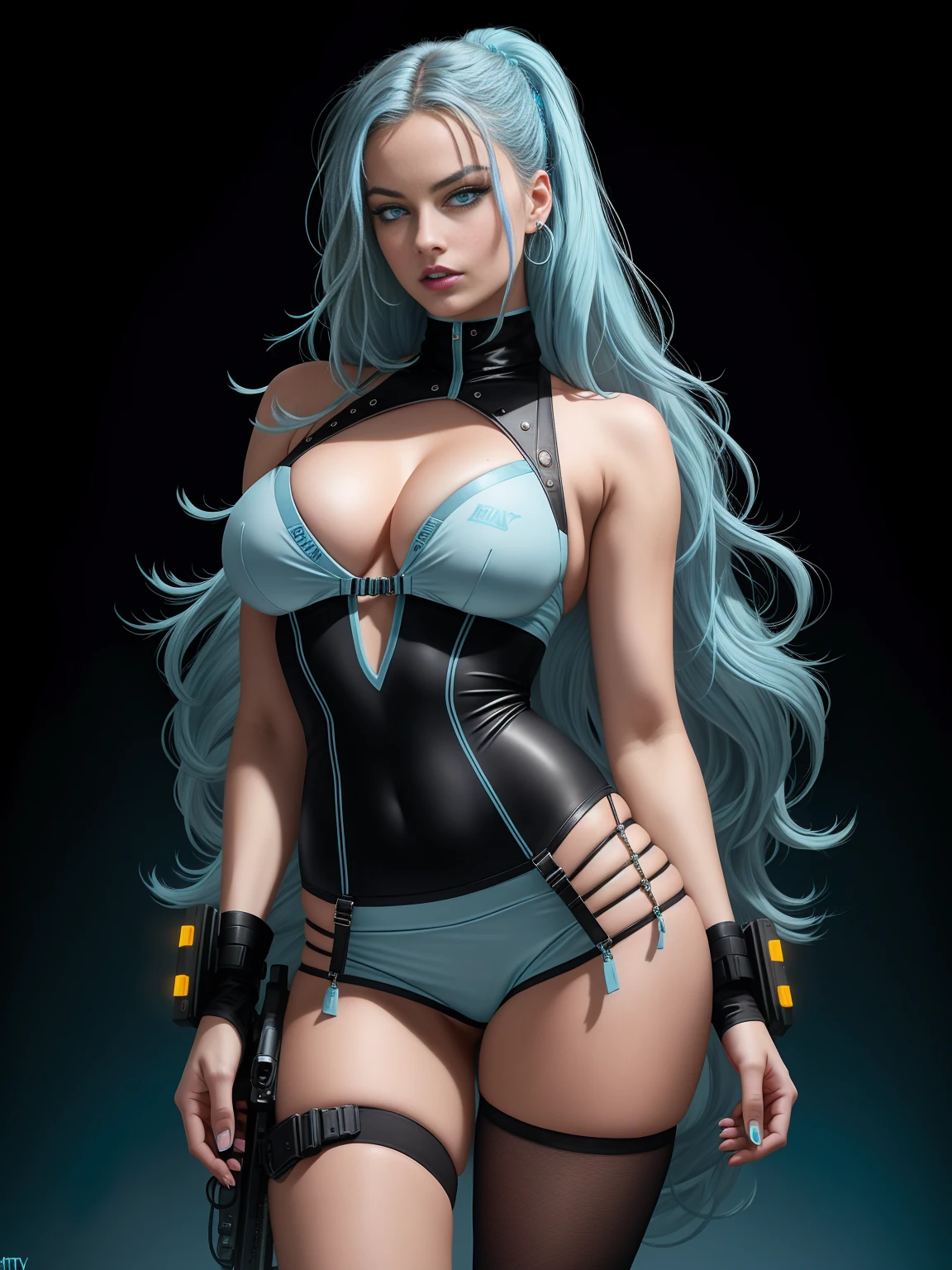 there is Margot Robbie, navy blue and bright purple neon streaked hair, hair in pony tail, 3 d neon art of a womans body, neon-noir background, cyberpunk femme fatale, seductive cyberpunk dark fantasy, cyberpunk strip clubs, cyberpunk 20 y. o model girl, oppai cyberpunk, banner, high definition cgsociety, cgsociety masterpiece, trending on cgstation, kda, random hair, ((light blue eyes:1.4)), looking at camera, gigantic breasts, cleavage, (high detailed skin:1.2), 8k uhd, dslr, super lighting, high quality, film grain, high res, highly detailed, hyper realistic, beautiful face, beautiful body, beautiful eyes nose lips, alluring expression, very bold, upper visible, full body photo, standing legs apart, pale translucent glowing skin, most beautiful face, cute, (well defined pubic hair:1.2)), (dark plain black background:1.4))
