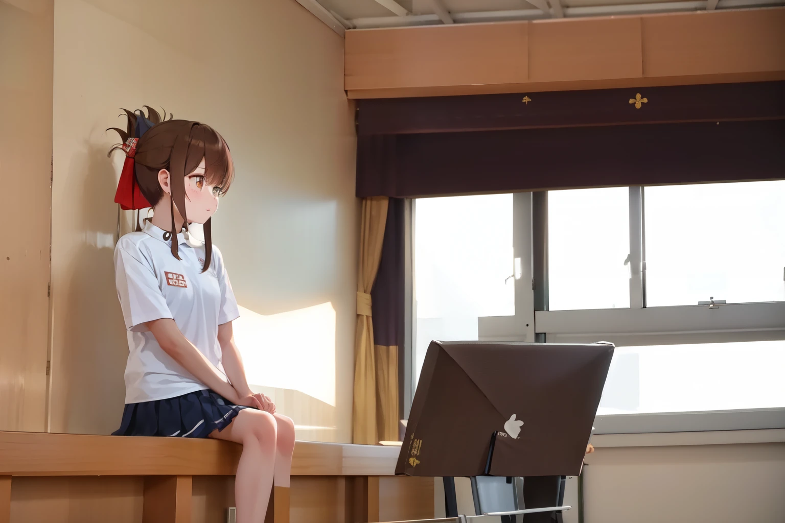 A female student in a sailor uniform sitting on the floor of the gymnasium and watching a physical education class because she feels unwell,(masterpiece, best quality:1.2),illustration,8K,HD,1girl,独奏,upper body,(portrait:1.2),brown_hair,folded_ponytail,brown_eyes,serafuku,long_hair,school_uniform,skirt,pleated_skirt,