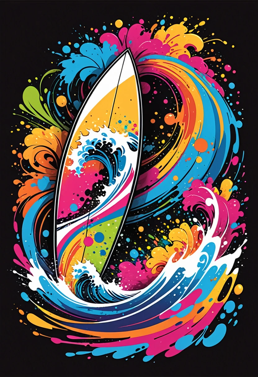 T-shirt designs with vector art style of a colorful illustrations with a surfboard, At the center, swirly vibrant colors, paint splashes and smears, T-shirt designs with lots of details, black backdrop. 
