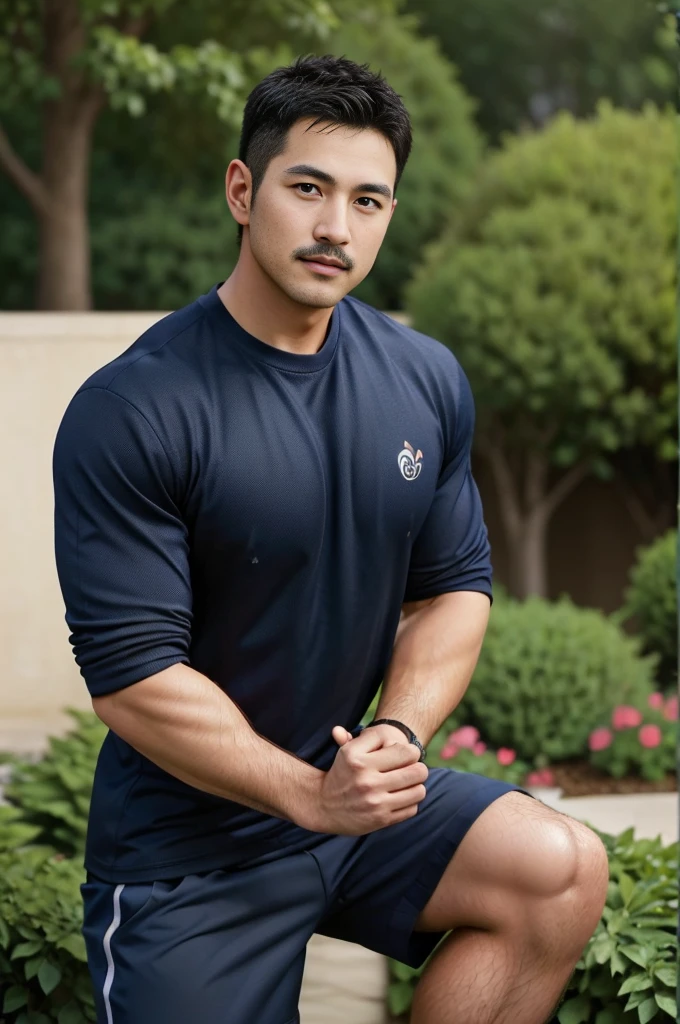 Masterpiece, best quality, high resolution, realistic, handsome, Take beautiful photos, Sayk, NRF, Photo of the 35 year old gym association (The man has a thin mustache.),Full body, Portrait, standing in the garden , make military media, weight, Amazing , Buzzcut short hair,stubble head , (Hyper Muscle),looking at the audience, Flirt with the camera, charming, (Tight navy blue workout shirt. ),(GS-Male:1), 8K,Bokeh,Portrait,look at the viewer,