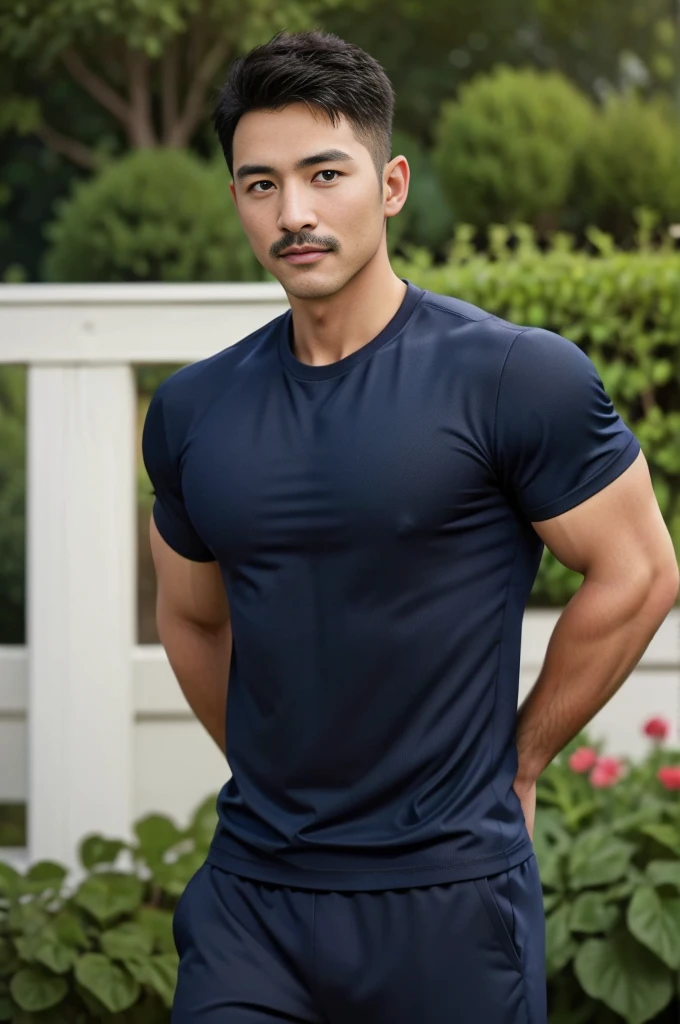 Masterpiece, best quality, high resolution, realistic, handsome, Take beautiful photos, Sayk, NRF, Photo of the 35 year old gym association (The man has a thin mustache.),Full body, Portrait, standing in the garden , make military media, weight, Amazing , Buzzcut short hair,stubble head , (Hyper Muscle),looking at the audience, Flirt with the camera, charming, (Tight navy blue workout shirt. ),(GS-Male:1), 8K,Bokeh,Portrait,look at the viewer,