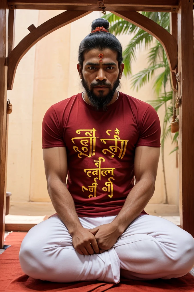 Create an AI image in which Hanuman Ji in which he is giving the blessings to A 15 years old . is sitting on his nees and facing towards Hanuman Ji joining his hands towards him . is wearing a safron colored T-shirt and the name "Nipun" Is written at the back side of the t-shirt