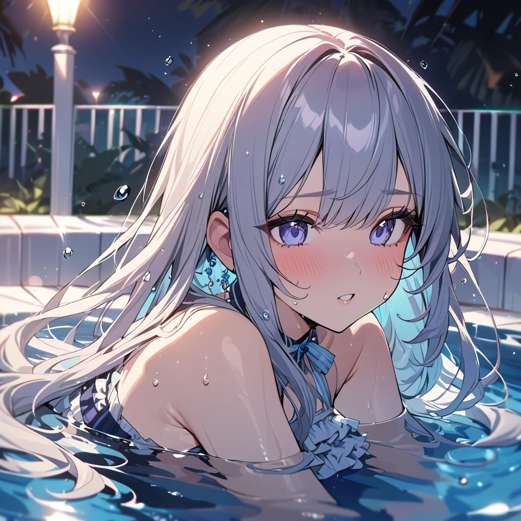 one beautifu girl,long straight hair,wearing Lolita Swim suit,She Play in the pool,The water droplets on my chest are shining,splash,(masterpiece), (best quality), (ultra-detailed), (illustration), (detailed light),(an extremely delicate and beautiful)