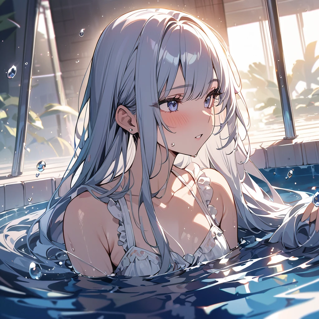 one beautifu girl,long straight hair,wearing Lolita Swim suit,She Play in the pool,The water droplets on my chest are shining,splash,(masterpiece), (best quality), (ultra-detailed), (illustration), (detailed light),(an extremely delicate and beautiful)