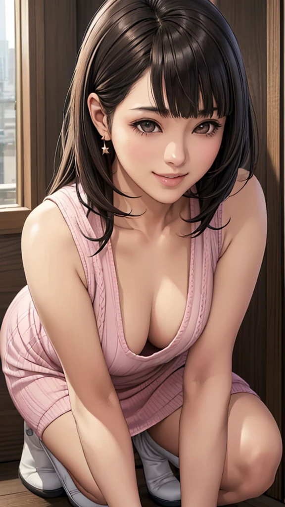 (8K, 超High resolution, highest quality, pieces fly:1.2),(26 years old:1.2)、(big smile)、(avert your eyes)、8K、Japanese girl raw portrait、超High resolution、highest quality、 (small breasts:1.5),(sleeveless knit dress:1.5)、(from below:1.2)、walk、support your chest with your hands、(Panty shot:1.2)、(city:1.4) Blake is (natural skin texture、fine skin、hyper realism、Super sharpness)、intricate details、written boundary depth、idol sculpture、actress model pose、 lady、、long black hair、Rear view、beautiful butt、star piece、highest quality、High resolution))、(1 girl)、(realistic:1.4)、alone、close your mouth、happy smile、smile happily、pretty black hair、Big eyes、Clear double eyelids、eyelash、stick out ears、long neck、Absolute area、beautiful clavicle、perfect face、bangs、きれいなbangs、thin lips、Fair skin、small face、face becomes smaller、draw all the heads、look slightly upward at the camera、(look at the audience、eye highlights、light brown eyes、lip gloss chest bulge、squat、white boots、