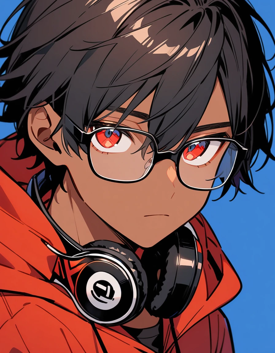 solo, looking at viewer, short hair, bangs, simple background, shirt, black hair, red eyes, 1boy, hair between eyes, closed mouth, jacket, upper body, male focus, glasses, dark skin, hood, hoodie, headphones, blue background, dark-skinned male, hood down, red shirt, portrait, hooded jacket, red jacket, black-framed eyewear, headphones around neck, red hoodie